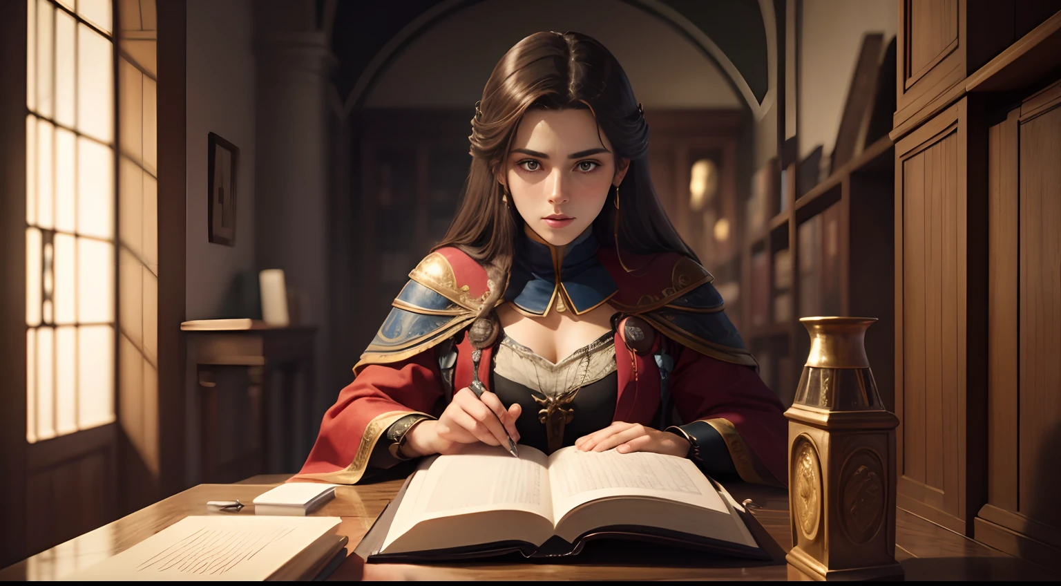 Just Lily Collins with long black hair, wearing a light red commoner dress from medieval times, writing on a parchment on a table with inkwell and feather. A detailed, smooth, realistic digital art painting by Greg Hildebrandt, Citemer Liu, Stjepan Sejic, Samyang, Aykut Aydogdu, Justin Gerard, Alphonse Mucha, Artgerm, WLOP and Greg Rutkowski