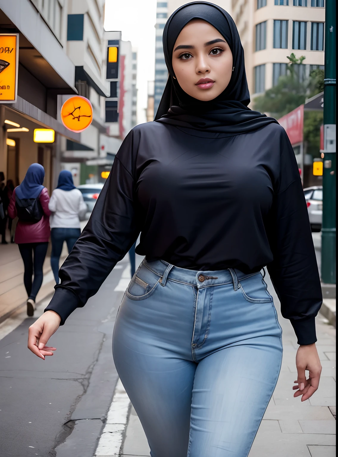 A beautiful chubby indonesian girl, huge breasted, wear hijab and tight white longsleeve t-shirt and torn long jeans, walking on the street, her hand grab her own breats, sensual and seductive expression, look at the viewer, realistic photography,