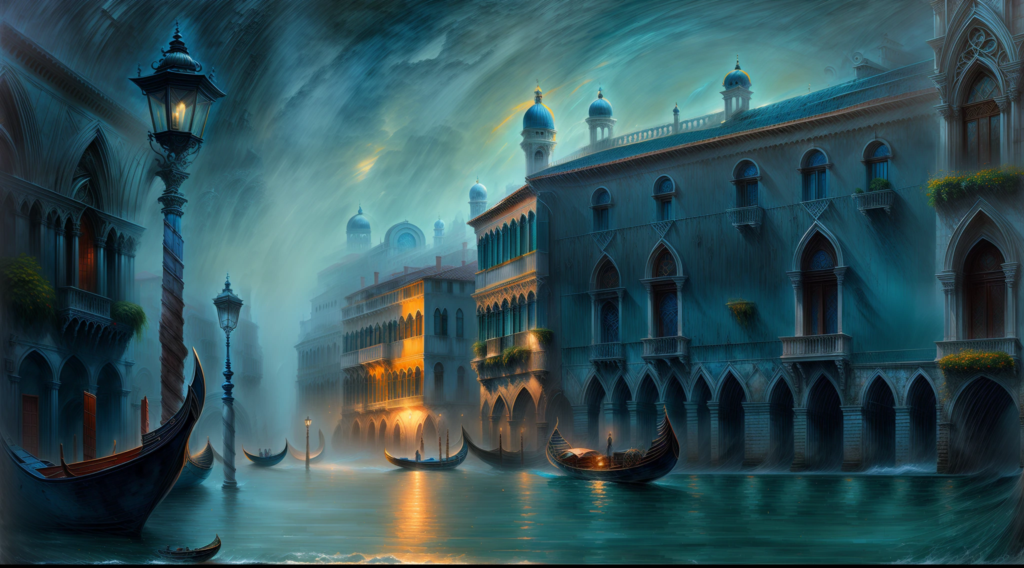 Chronos Portal, Venice, foggy, painting, speed, futurism, expressionism, canal, boat, canal grande, dark blue, vision
