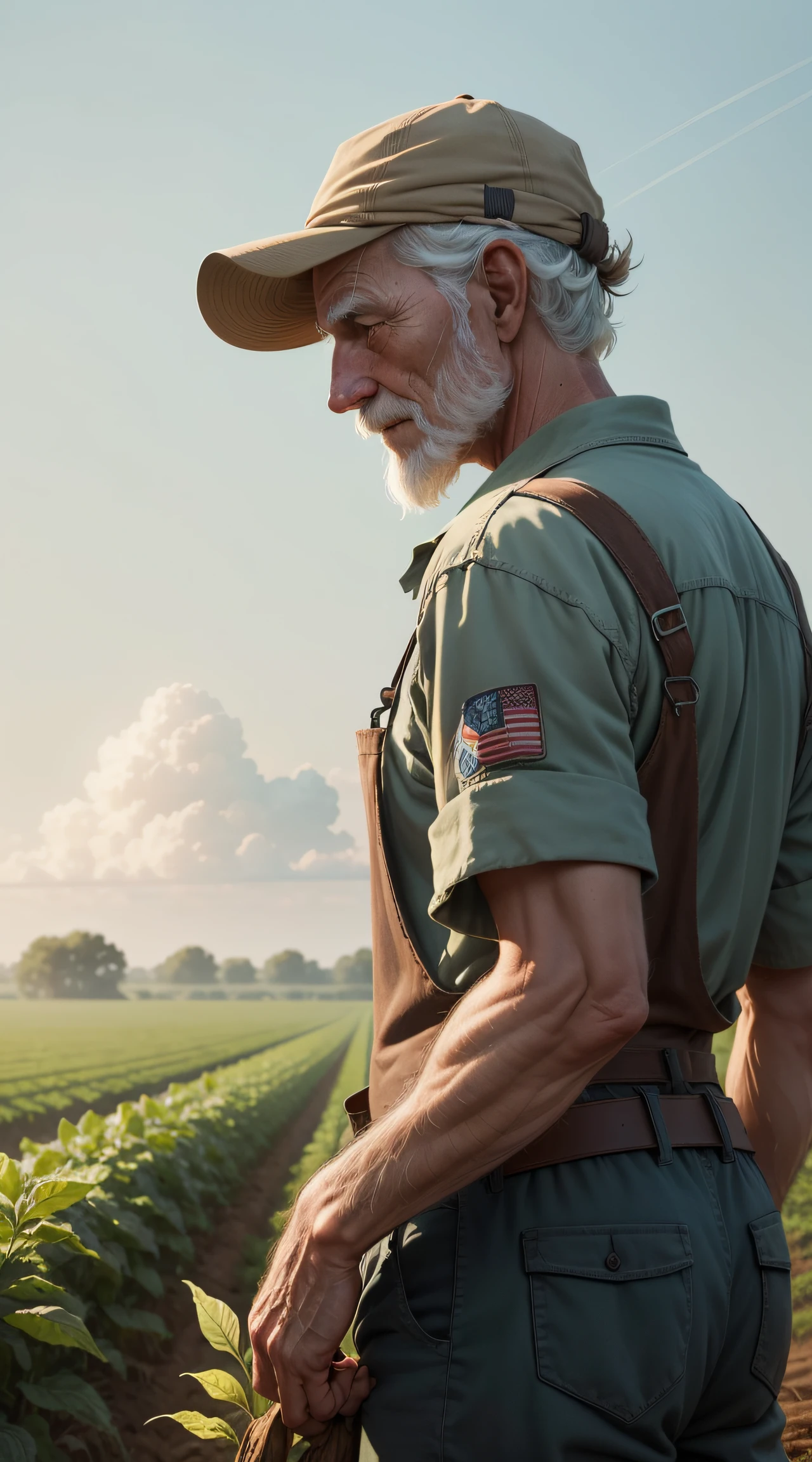An Old Farmer in a Dystopian Future, struggling to produce food on the crop, controlled by large corporations, We have to deal with chemical pesticides and a lack of natural resources, Dreaming of simpler and more sustainable times.