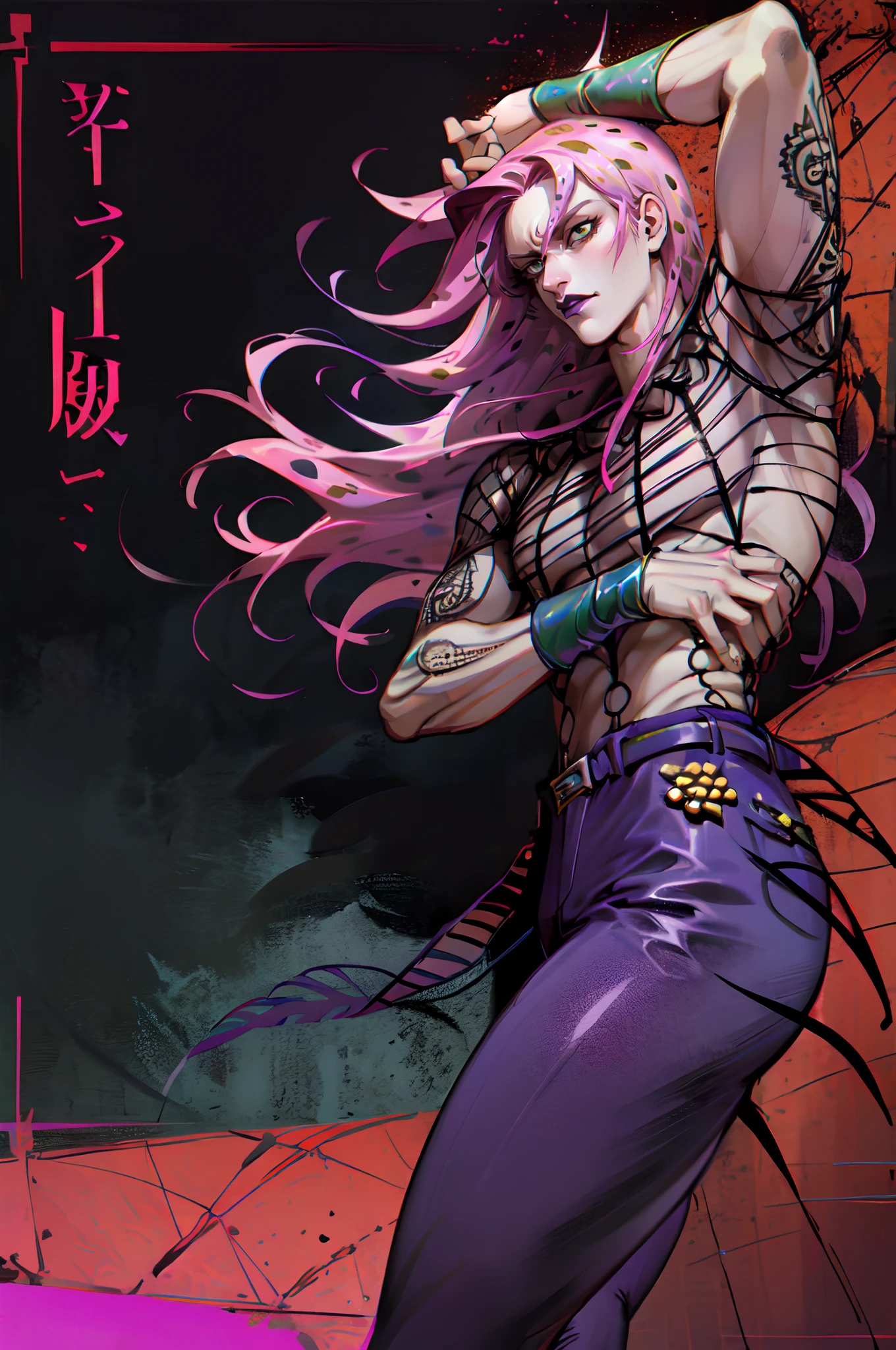 diavolo, purple pants, purple shoes, pink hair, long hair, green eyes, tattoos, arm cuffs, green belt, cowboy shot, 1boy, solo, male focus, pink lipstick, full lips