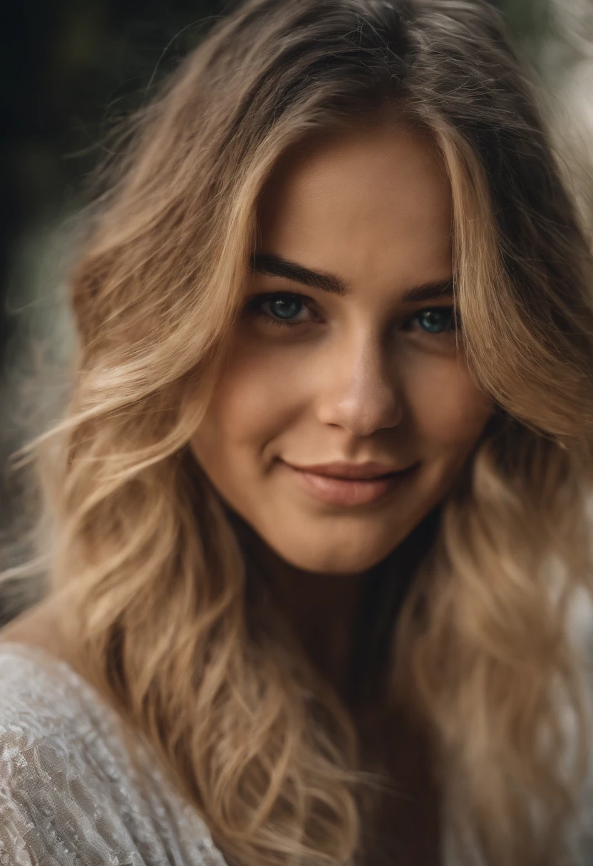 adolescente de 20 ans, grosse poitrine, yeux bleu, cheveux blond, sourire dent blanches, fond chaud