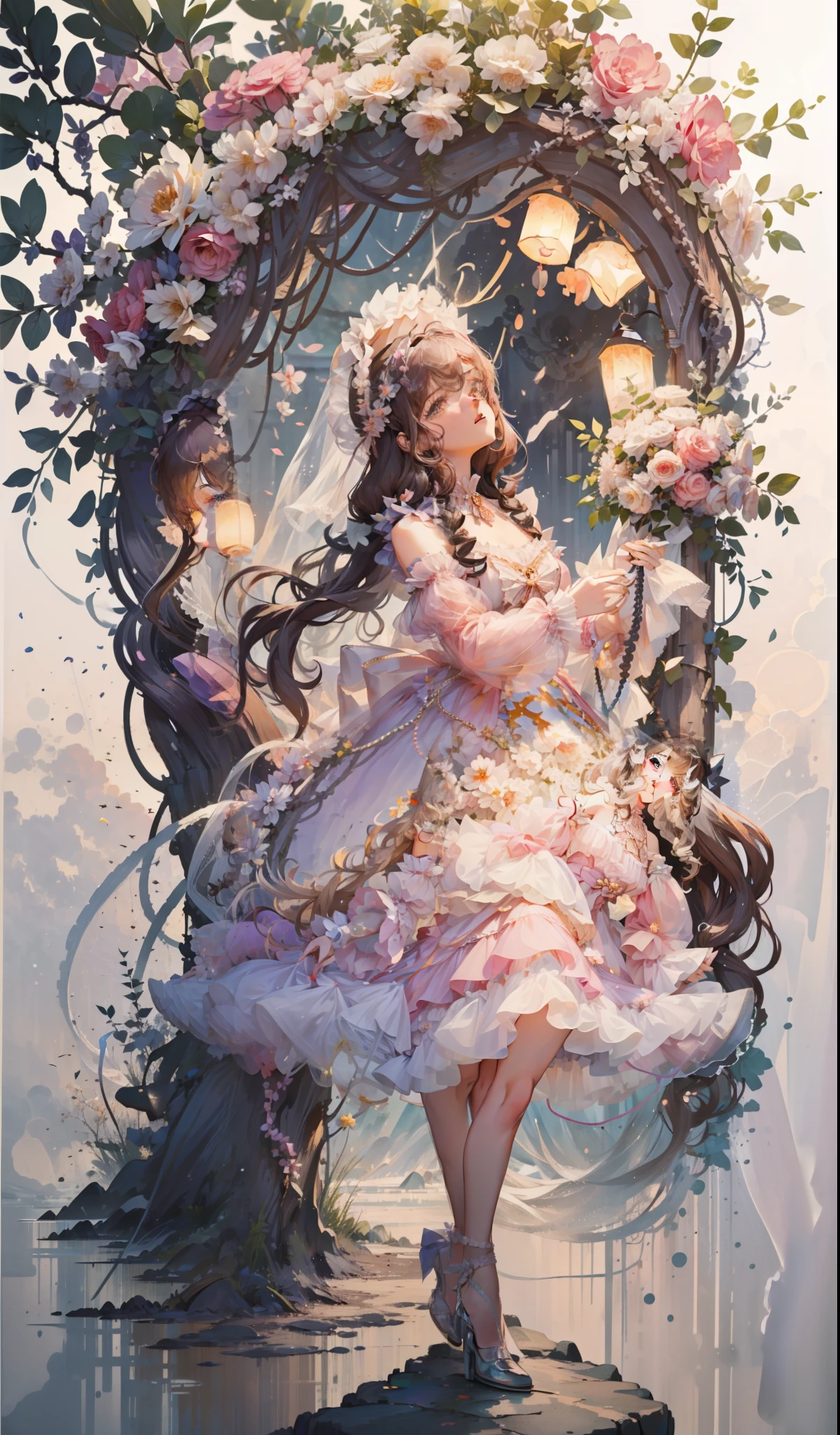 (Extremely delicate and beautiful:1.5),1girll, standing on your feet，full bodyesbian，By bangs, Gemstone eyes, Contre-Jour，Long curly hair, Lolita dress, brown  hair, Keep one's mouth shut, seen from the side, Lanterns, light particules, longer sleeves, looking at viewert，pink bows，独奏