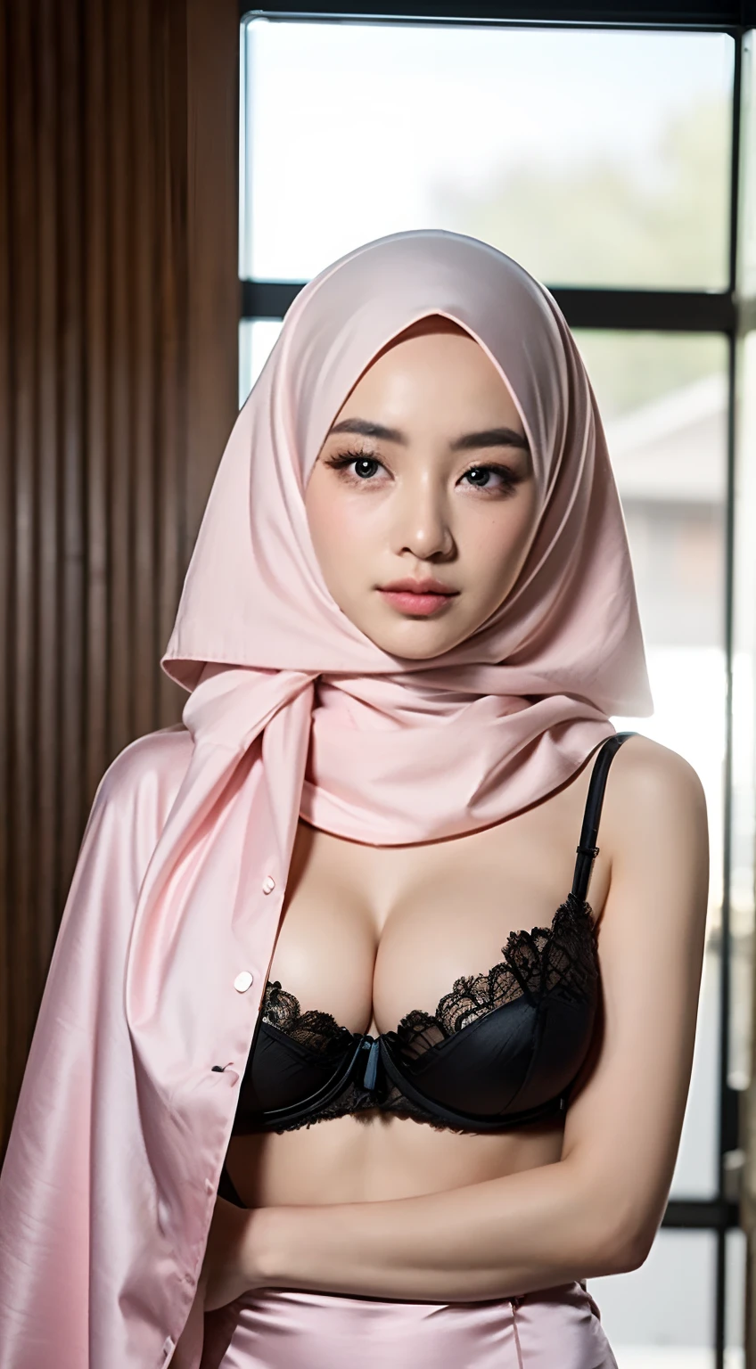 masterpiece), best quality, expressive eyes, small face, cute face, perfect face, in the house, (18 year old), (full body shot), (black eyes), (small eyes), (monolid eyes), (hijab:1.1), (pink hijab), (((Big Breasts: 1.3))),), (bra detail) (formal dress), (shirt), (satin dress), perfact finger, perfact hand,