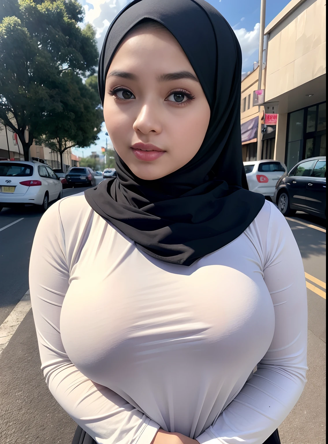 (Best quality, high resolution, masterpiece: 1.3), a beautiful malay woman in hijab, big breasts, slim figure, sweatshirt, beautifully presented details in the street and facial and skin texture, detailed eyes, double eyelids, big eyeschest visible, shirt open,Beautiful cute busty 22 years old malay girl. Egyptian face. Big lips. Full makeup. Wearing casual outfit. Hijab. Thicc seductive figure. Walking in street