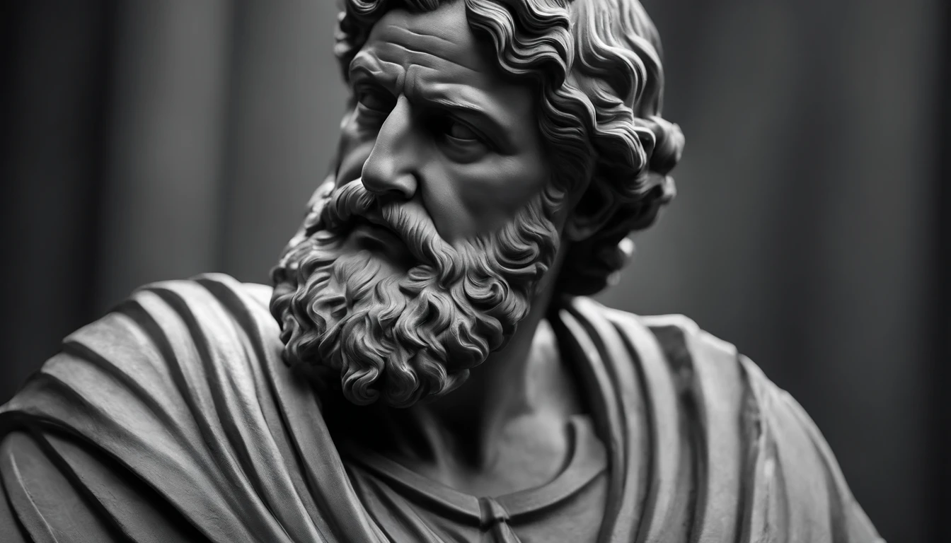 a portrait statue of the stoic Seneca in black and white 4K,Cara lateral, Super realistic wallpaper