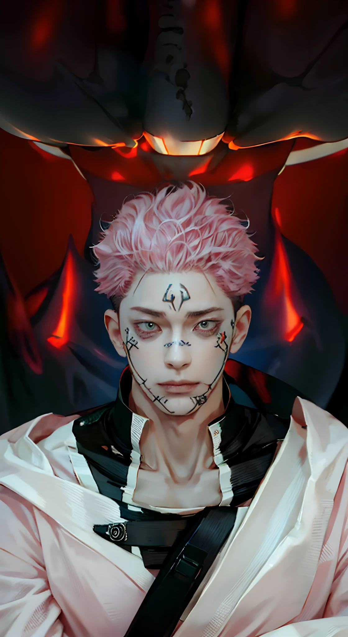 1man, itadori yuji mode sukuna in anime jujutsu kaisen, short hair , pink hair, red light eyes, handsome, white clothes, realistic clothes, detail clothes, city background, ultra detail, realistic