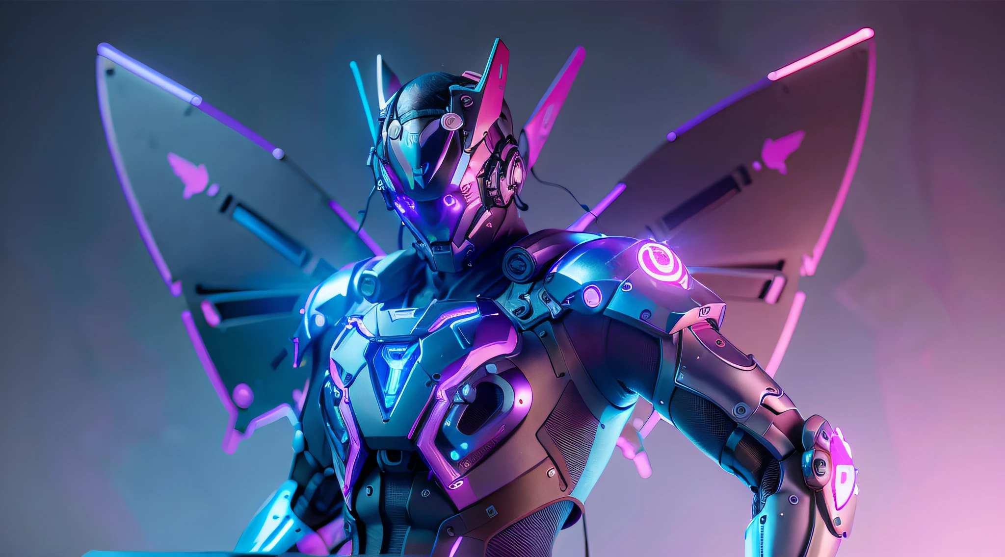 MALE. MAN. MAN. MALE..wings leds, divine paradise. neon blue and Purple butterfly wings leds. heavenly illumination. God. Holy robotic. levitating. Position of god. Deitado na cama. strong, robust and masculine body. fat arms. Position of divinity. Floating. divine statue, pedestal, holy pedestal. levitating. masterpiece, best quality, a close up of a futuristic looking cyborg man with a fantastic cyber helmet head with blue and Purple triangle led lights and a halo, full body, dancing. dance. synthwave ballad. silver pants. wearing a blue and Purple techwear jacket, white church in background. jump, full body, robotic legs. divine statue, pedestal, holy pedestal. neon blue and Purple butterfly wings leds. MASCULINE. MALE MASCULINE. Boy Muscular