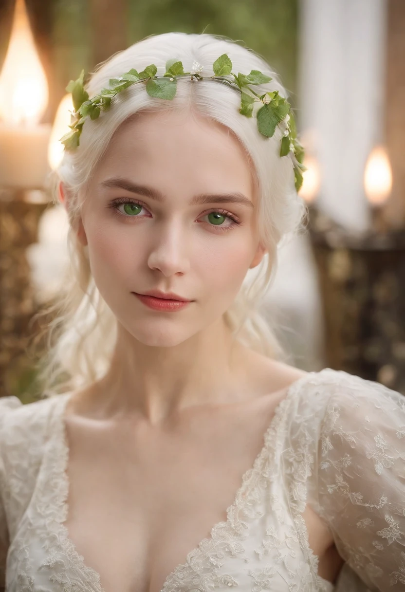 (((Diode cucumber in milk cross her left cheek))) Fair complexion, Female about 19 years old, natural white hair, Distinctive green eyes, Wearing Kohl, slender and graceful, Beautiful, Candles in a medieval setting, ultra sharp focus, realistic shot, Medieval women's clothing, Notebook colors (scar:1.4)