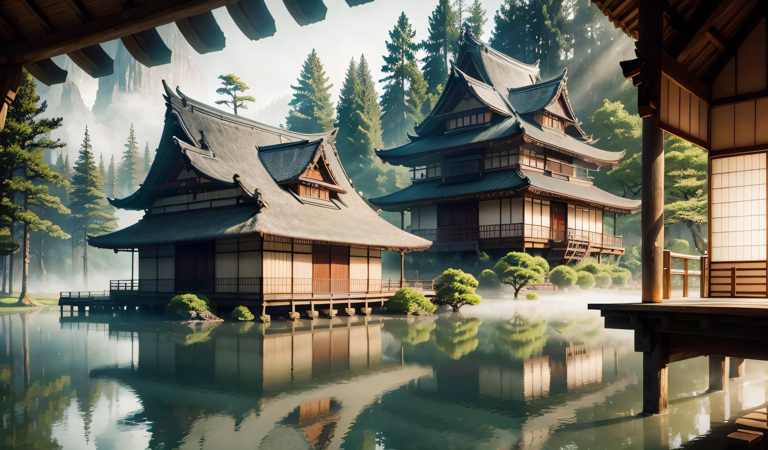 A Japanese house sits on the edge of a reflective pond, shrouded in the mystique of an ancient forest. Surrounded by towering cedar trees, the house's wooden beams and thatched roof harmonize with nature. Shot with a high-end DSLR and a telephoto lens, the scene comes to life in the soft, diffused light of a misty morning. The style of photography embraces the ethereal, with a touch of fantasy, as if from a fairytale. Using a color slide film, the image achieves a dreamlike quality. Best aspect ratio: 4:1.