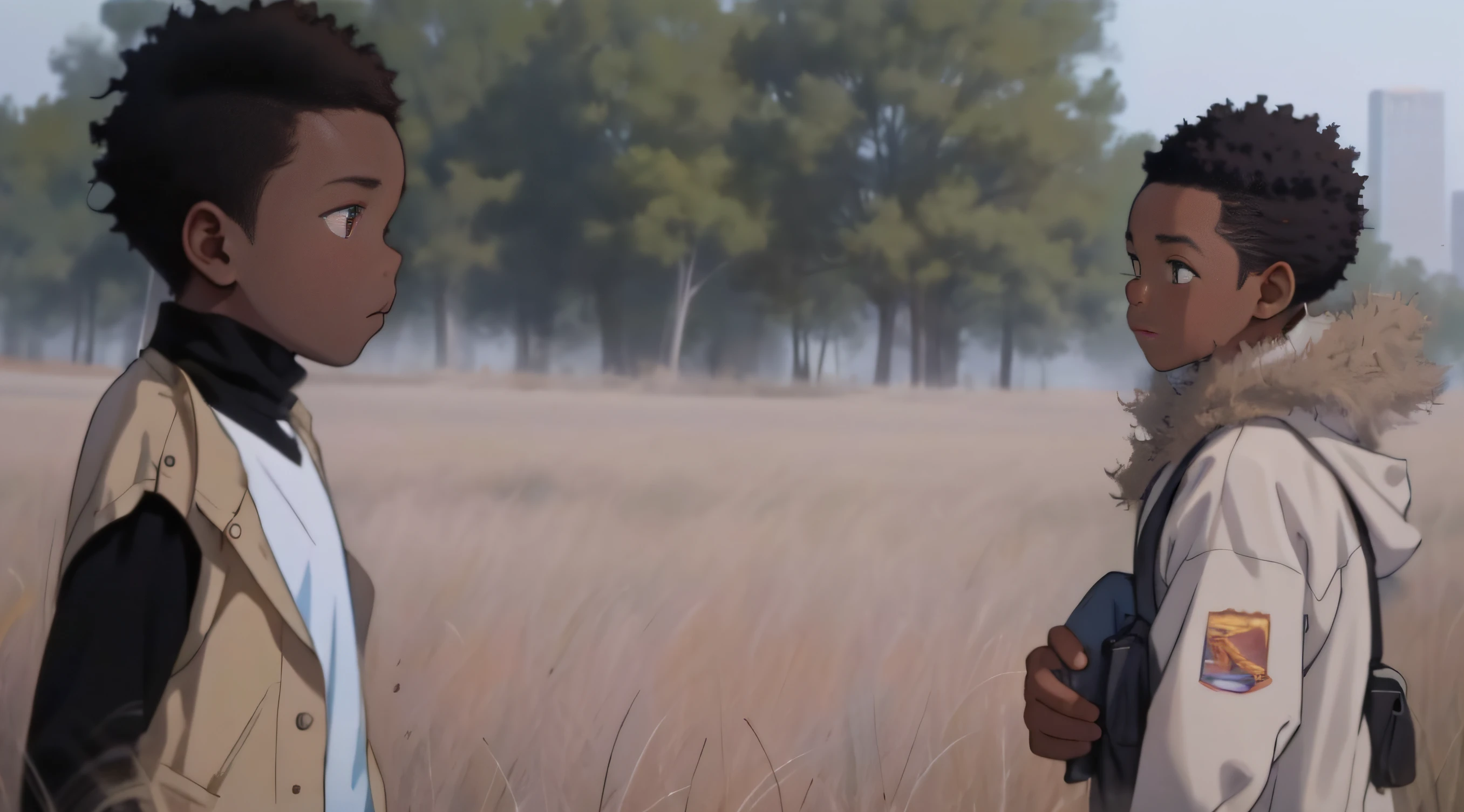 they are two black kids standing in a field talking, still from a live action , still from the film, award winning moviel, award winning cinematic still, still from the movie, stiame from a movie, still frmovie, wide film sticreenshot from a movie, still from a musico, scene from live action movie, film still from the movartoon, blury background