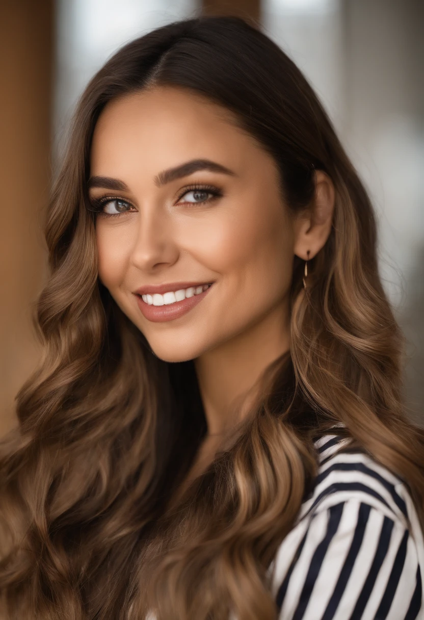 arafed woman with long hair and a striped shirt posing for a picture, headshot profile picture, selfie of a young woman, high quality portrait, halfbody headshot, portrait sophie mudd, charli bowater, pokimane, 30 years old woman, 3 0 years old woman, smiling and looking directly, taken in the early 2020s