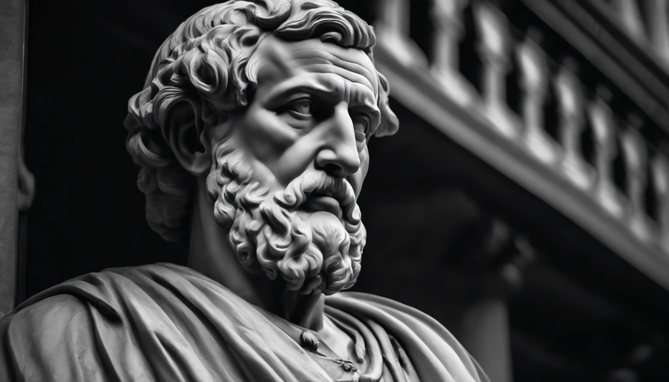a portrait statue of the stoic Seneca in black and white 4K,Cara lateral, Super realistic wallpaper