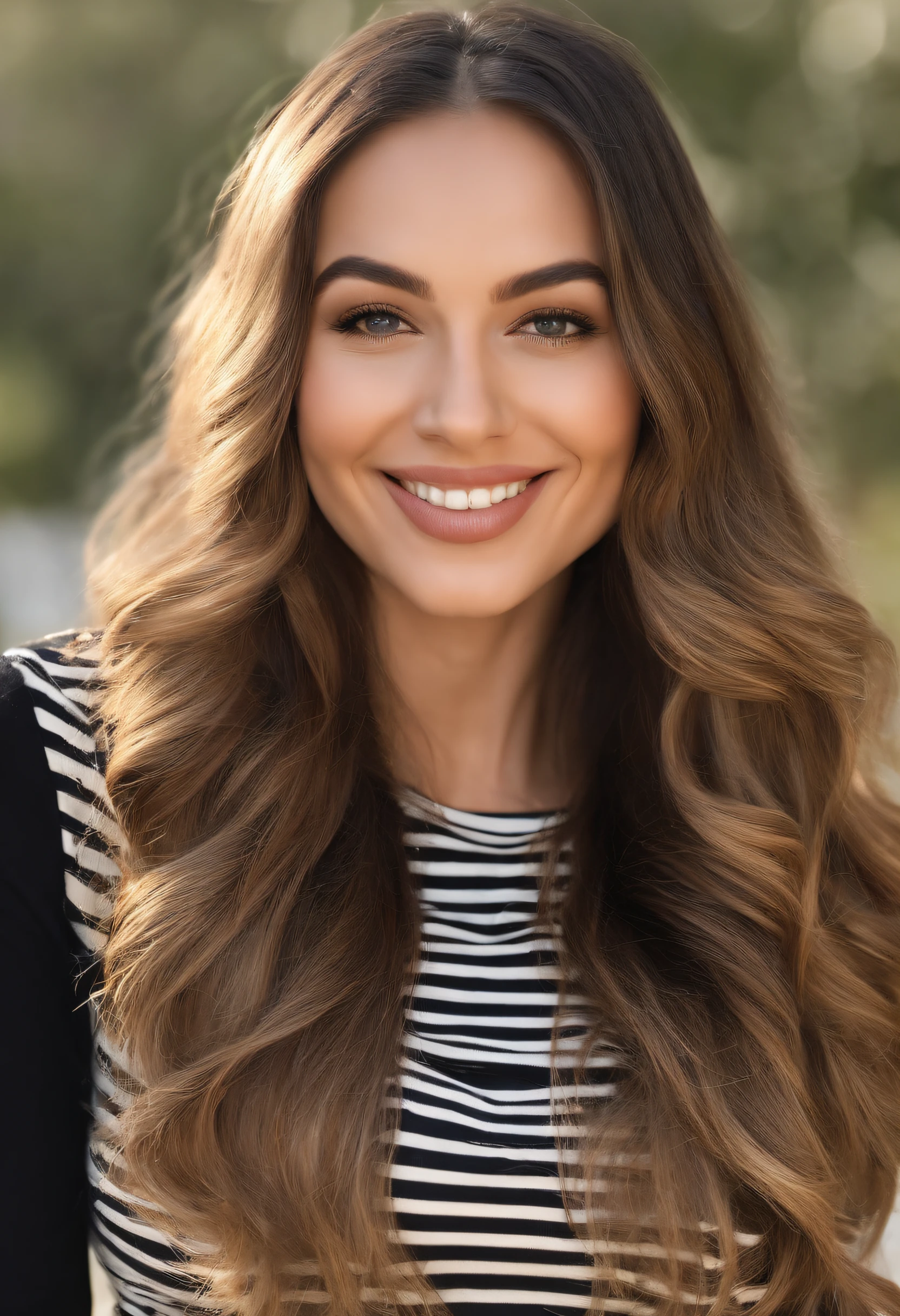 arafed woman with long hair and a striped shirt posing for a picture, headshot profile picture, selfie of a young woman, high quality portrait, halfbody headshot, portrait sophie mudd, charli bowater, pokimane, 30 years old woman, 3 0 years old woman, smiling and looking directly, taken in the early 2020s