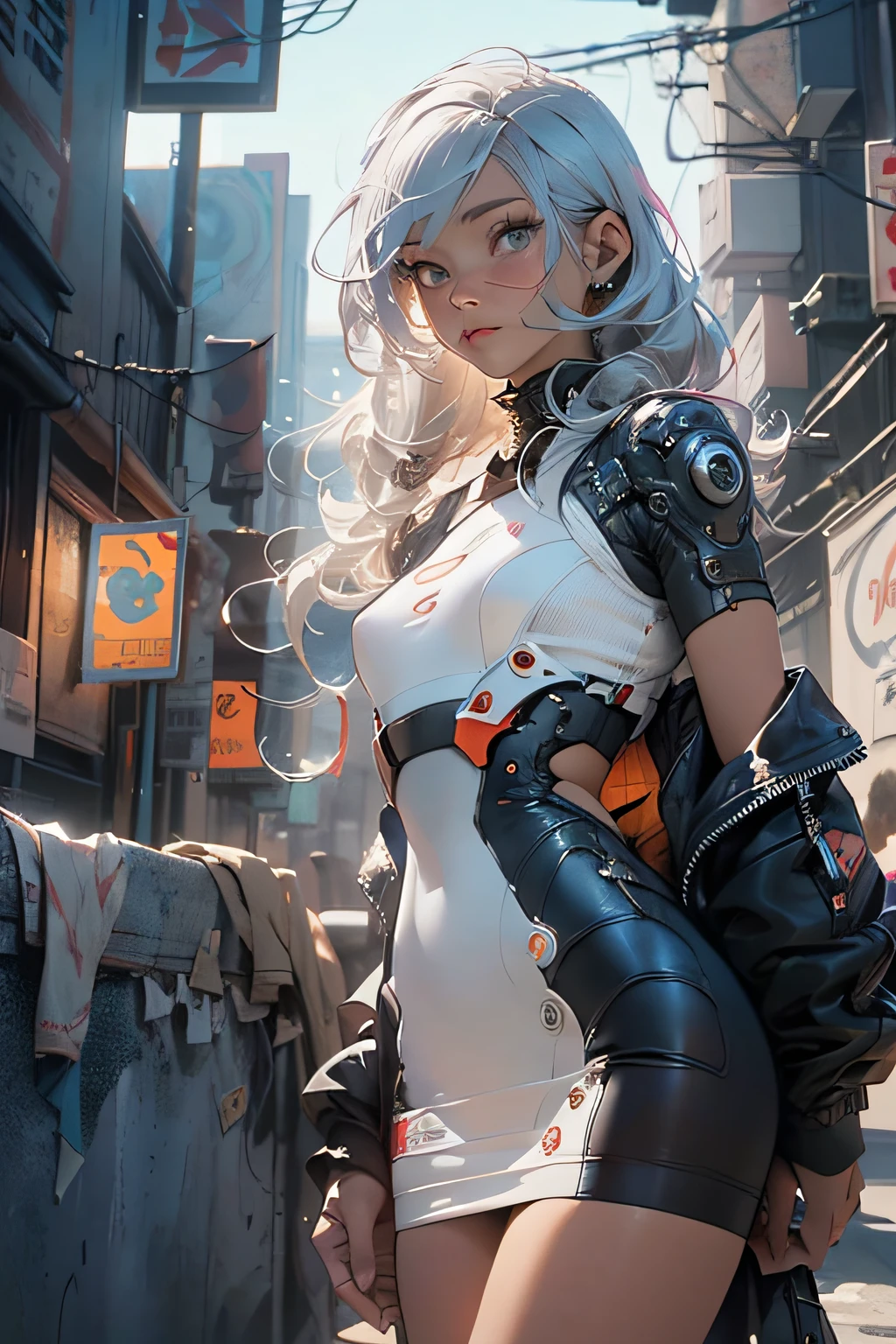 (ciberpunk:1.3) , Stylish slim girl in full growth, is looking at the camera, Against the backdrop of a cyberpunk city at night, white short dress, naked legs,  melancholy lighting, Quiet, Calm, brightness, Masterpiece, Best Quality, 1girl, (JinxLol:1.2), (ultra photorealistic:1.3), (Masterpiece:1.4), Best Quality, ((Realistic)), hiquality, Ultra Detailed, ((Real image)), ((lifelike skin)), ((realistic face)),(illustartion:1.05), (Beautiful:1.05), (beautiful detail eyes:1.05), (cinematiclight:1.1), blue color on squads, Perfect whole body, Form-fitting silhouette, Slim, small breasts, white clothing