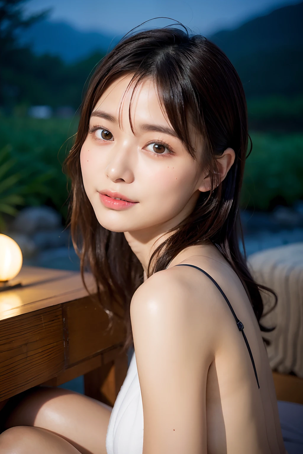 (natta:1.7), East Asian Architecture, 1womanl,Sitting on tatami mats, brunette color hair,(hair between eye), Lip flap, 、(Beautiful shiny straight short long:1.2),Beautiful fingers,Beautiful long legs,Beauty Body,Cute nose,Beautiful character design,perfect eyes,face perfect,looking at viewert,(Innocent_Big_Eyes:1.0),(light_Smile:0.3),offcial art,Very detailed CG Unity 8K wallpaper,Perfect litthing,highly colorful,Bright_front_Face_Lighting,(tmasterpiece:1.0),(best_quality:1.0), 超A high resolution,4K,ultra - detailed, photography of, 8K, nffsw, hight resolution, absurderes:1.2, Kodak Portra 400, film grains, the background is blurred, Bokeh:1.2, Lens Flare Glow, ( Vibrant_Color:1.2) (Beautiful,Large_breasts:1.4), (Beautiful_Face:1.5),(narrow_waist-up),8K,Raw photo, 、Relax at a ryokan in Japan、The background is the open-air bath at night at a hot spring inn (Girls are not subjects:1.3) (Hair after a bath:1.3),((Naked with a bath towel wrapped around the side:1.3)) ,(Hair is wet:1.3) (There are only two small lights in the open-air bath.:1.3) ((You can see the beautiful starry sky and the moon:1.3)),((For an open-air bath along a mountain stream、There is a beautiful wooden dressing room surrounded by Japan gardens and large rocks.:1.3)),((Deeply depicting a wide hot spring landscape:1.2),((There are only two small lights in the open-air bath.:1.3))((Girls are not subjects:1.2))((Widely depict the background:1.2)