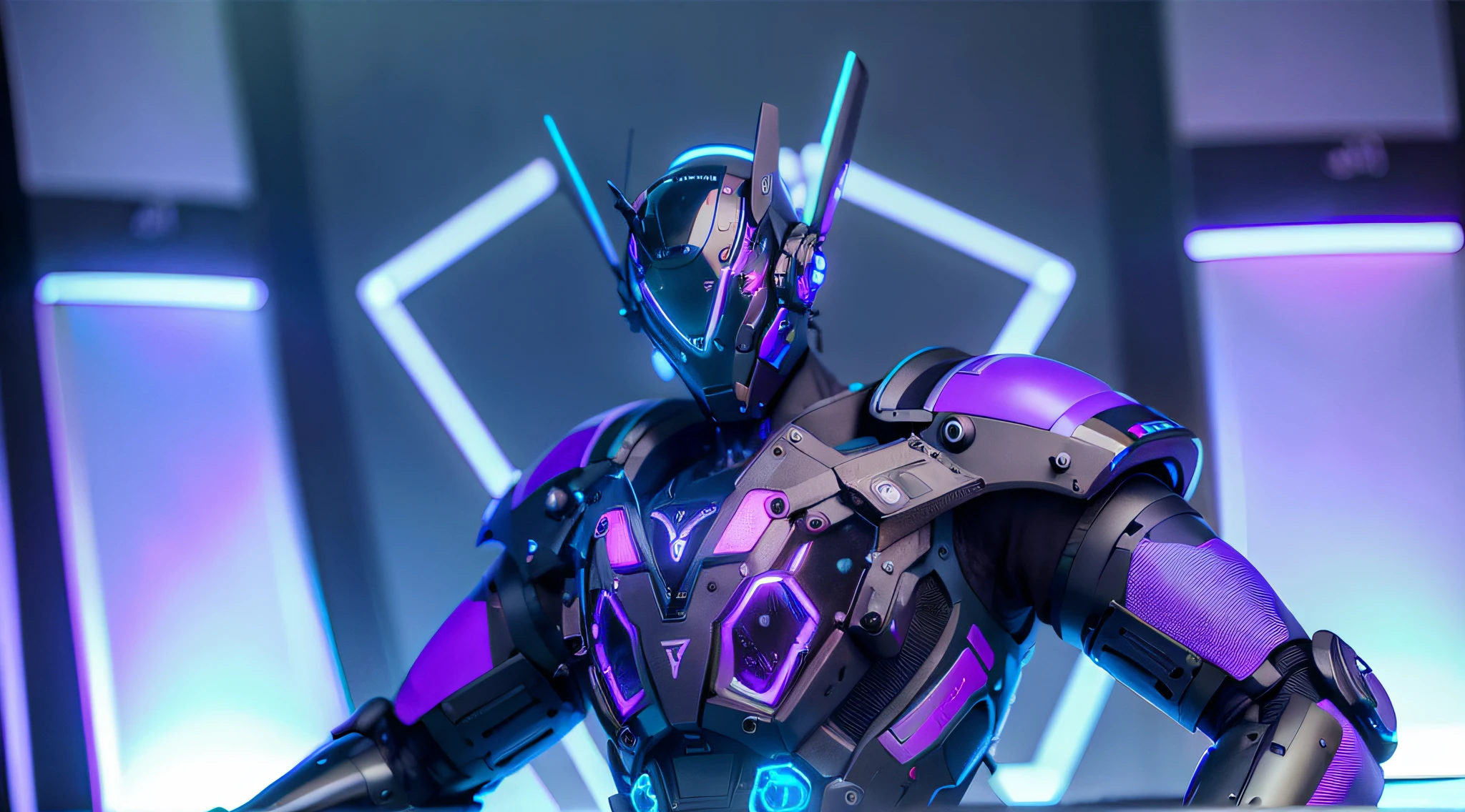 MALE. MAN. MAN. MALE..wings leds, divine paradise. neon blue and Purple butterfly wings leds. heavenly illumination. God. Holy robotic. levitating. Position of god. Deitado na cama. strong, robust and masculine body. fat arms. Position of divinity. Floating. divine statue, pedestal, holy pedestal. levitating. masterpiece, best quality, a close up of a futuristic looking cyborg man with a fantastic cyber helmet head with blue and Purple triangle led lights and a halo, full body, dancing. dance. synthwave ballad. silver pants. wearing a blue and Purple techwear jacket, white church in background. jump, full body, robotic legs. divine statue, pedestal, holy pedestal. neon blue and Purple butterfly wings leds. MASCULINE. MALE MASCULINE. Boy Muscular