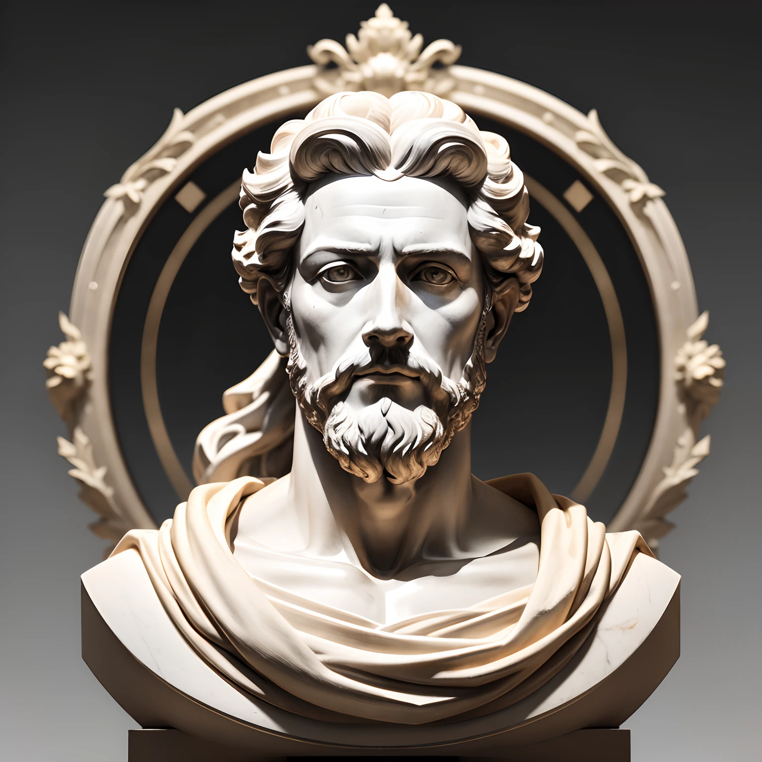 A close-up of a marble sculpture of Marcus Aurelius, illuminated by a single spotlight against a black background. photo, beautiful,3d, realistic, 8k, high resolution, high detail, cgi, hyper realism, f/16, 1/300s. highly detailed digital painting.
