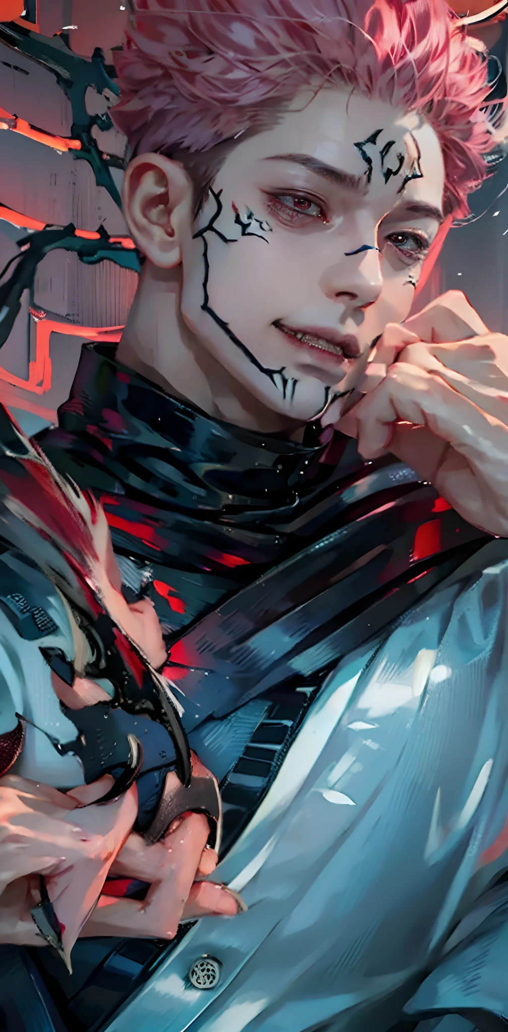 1man, itadori yuji mode sukuna in anime jujutsu kaisen, short hair , pink hair, red light eyes, handsome, white clothes, realistic clothes, detail clothes, city background, ultra detail, realistic