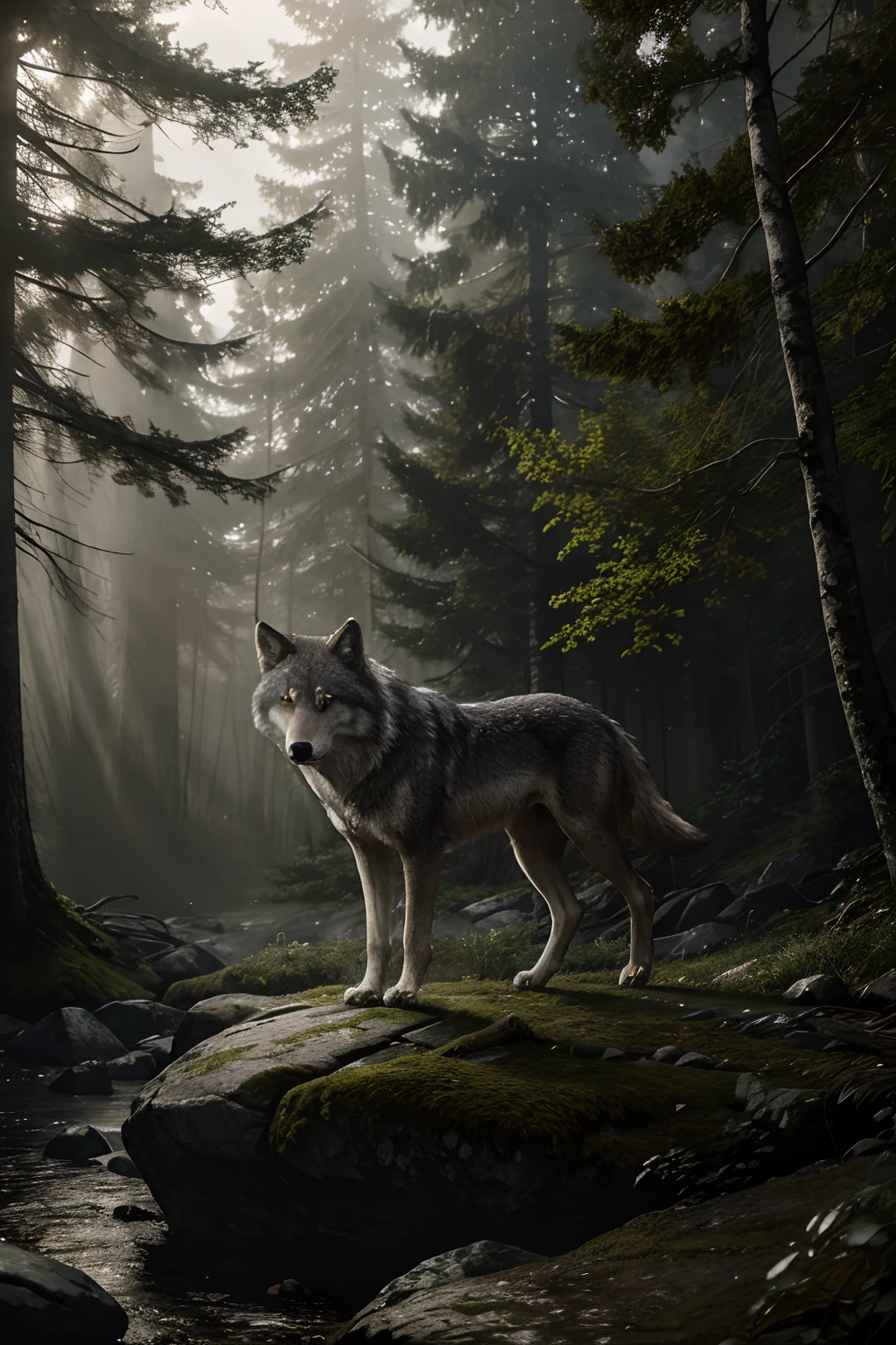A detailed drawing of a lone wolf in a misty forest, com seus olhos e dentes em destaque. Wolf skin is ultra-detailed and realistic, with a combination of dark and light tones that create a sense of depth. The forest is depicted using a painting medium, with vibrant colors and a touch of mystery. The lighting is soft and diffused, creating a dreamlike atmosphere. The wolf is standing on a rocky ledge, his posture conveying strength and confidence. The bottom is filled with high, Dense trees and a faint glimpse of sunlight breaking through the foliage. The image is of the best quality, with high resolution that captures every fine detail of wolf skin and forest scenery.