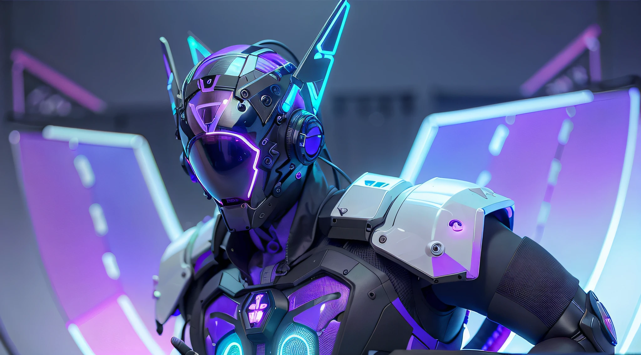 MALE. MAN. MAN. MALE..wings leds, divine paradise. neon blue and Purple butterfly wings leds. heavenly illumination. God. Holy robotic. levitating. Position of god. Deitado na cama. strong, robust and masculine body. fat arms. Position of divinity. Floating. divine statue, pedestal, holy pedestal. levitating. masterpiece, best quality, a close up of a futuristic looking cyborg man with a fantastic cyber helmet head with blue and Purple triangle led lights and a halo, full body, dancing. dance. synthwave ballad. silver pants. wearing a blue and Purple techwear jacket, white church in background. jump, full body, robotic legs. divine statue, pedestal, holy pedestal. neon blue and Purple butterfly wings leds. MASCULINE. MALE MASCULINE. Boy Muscular