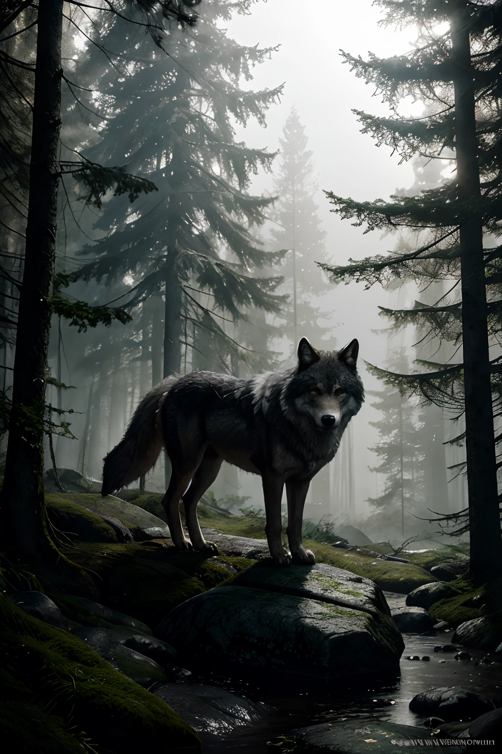 A detailed drawing of a lone wolf in a misty forest, com seus olhos e dentes em destaque. Wolf skin is ultra-detailed and realistic, with a combination of dark and light tones that create a sense of depth. The forest is depicted using a painting medium, with vibrant colors and a touch of mystery. The lighting is soft and diffused, creating a dreamlike atmosphere. The wolf is standing on a rocky ledge, his posture conveying strength and confidence. The bottom is filled with high, Dense trees and a faint glimpse of sunlight breaking through the foliage. The image is of the best quality, with high resolution that captures every fine detail of wolf skin and forest scenery.