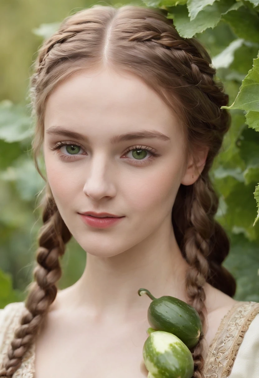 (((Diode cucumber plant braids face in milk ))) Fair complexion, Female about 19 years old, natural colored hair, Distinctive green eyes, Wearing punk paraphernalia, clothes and hairstyles, slender and graceful, Beautiful, Candles in a medieval setting, ultra sharp focus, realistic shot, Medieval women's clothing, Notebook colors (scar:1.4) Full-length perspective