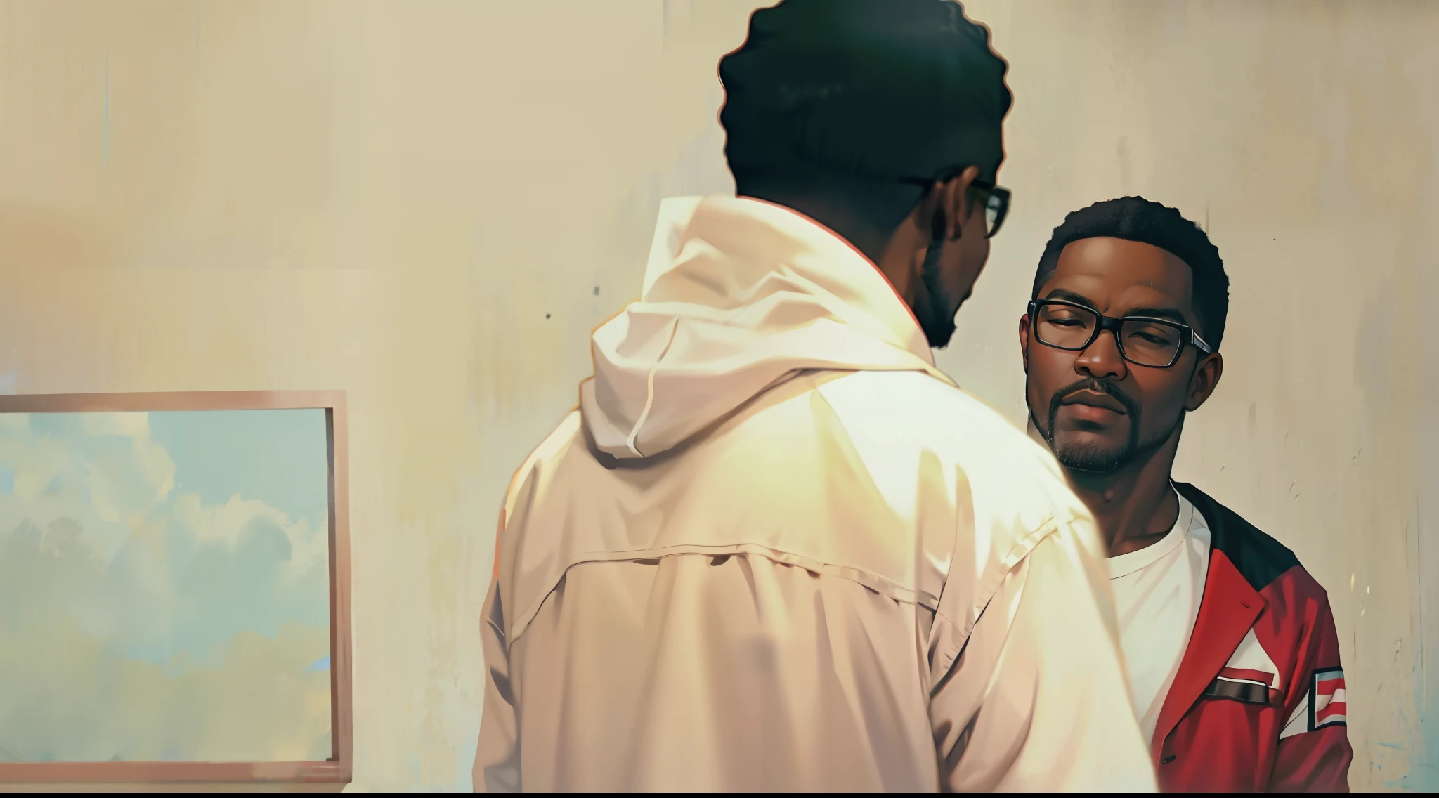 there is a black man in a red jacket and glasses looking at another black man in a white shirt, still frame from a movie, documentary still, still from a movie, movie still of a tired, still from a music video, film promotional still, saturation 40, shot from movie, film still dnd, high quality film still, film still from the movie, over the soulder, cartoon,