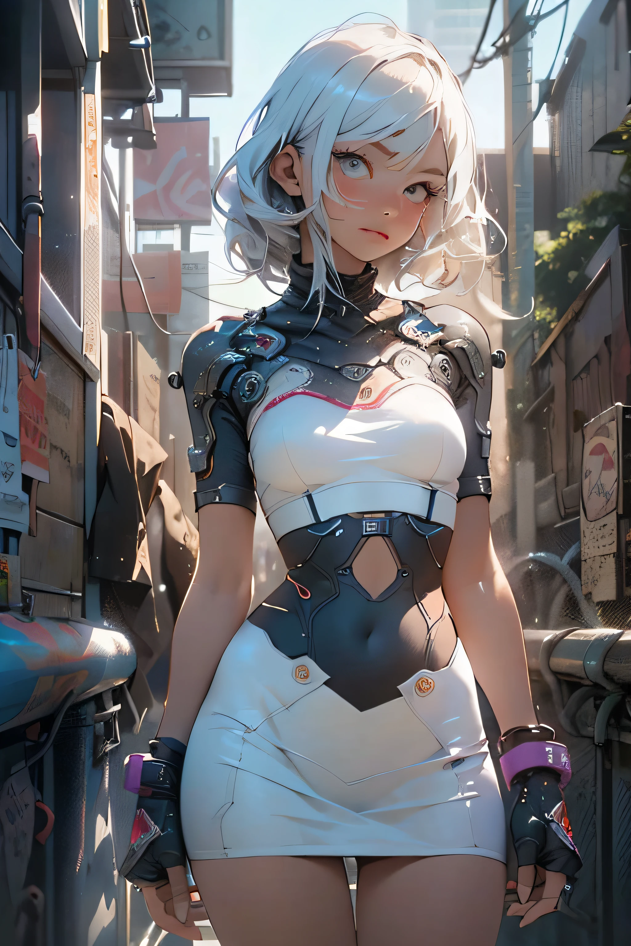 (ciberpunk:1.3) , Stylish slim girl in full growth, is looking at the camera, Against the backdrop of a cyberpunk city at night, white short dress, naked legs, melancholy lighting, Quiet, Calm, brightness, Masterpiece, Best Quality, 1girl, (JinxLol:1.2), (ultra photorealistic:1.3), (Masterpiece:1.4), Best Quality, ((Realistic)), hiquality, Ultra Detailed, ((Real image)), ((lifelike skin)), ((realistic face)),(illustartion:1.05), (Beautiful:1.05), (beautiful detail eyes:1.05), (cinematiclight:1.1), blue color on squads, Perfect whole body, Form-fitting silhouette, Slim, small breasts, white clothing