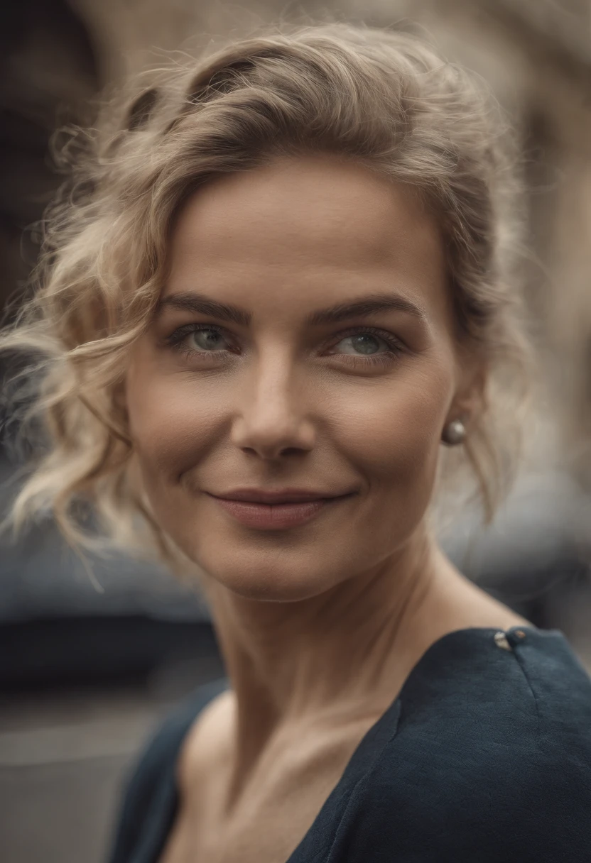 Dame 25 ans, Tire a la poitrine, yeux bleu, cheveux blonds, Fond chaud, sourire