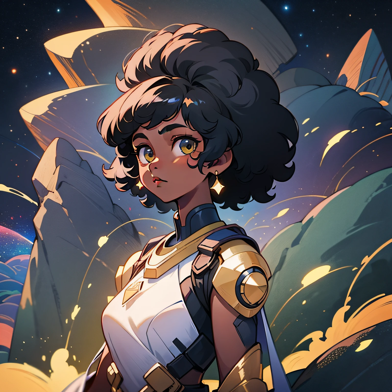 (best quality, masterpiece), 1girl, particle, mountains and rocks, upper body, simple dark background, looking at viewer, black afro hair, dark skin tone, white and gold modern clothing, galaxy