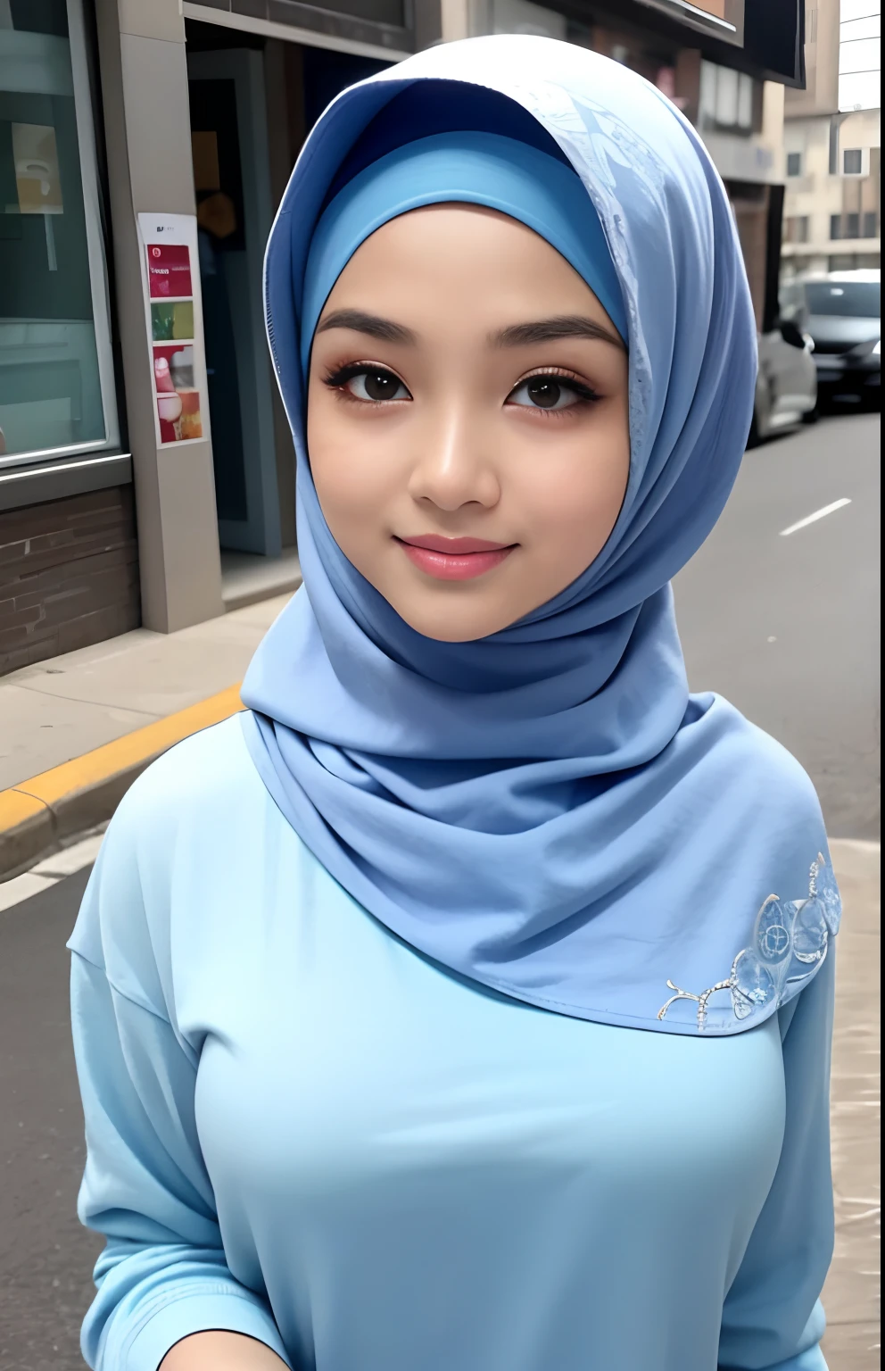 adorable, 1 girl, (face to face), , baby face, happy, half body portrait, (face details: 1), (eye details: 1), ((big breasts)). wearing transparent green long shirt, hijab, .. Cute posed. proportional body. Ultra High Res. realistic: 1.4, UHD, (floral pattern)