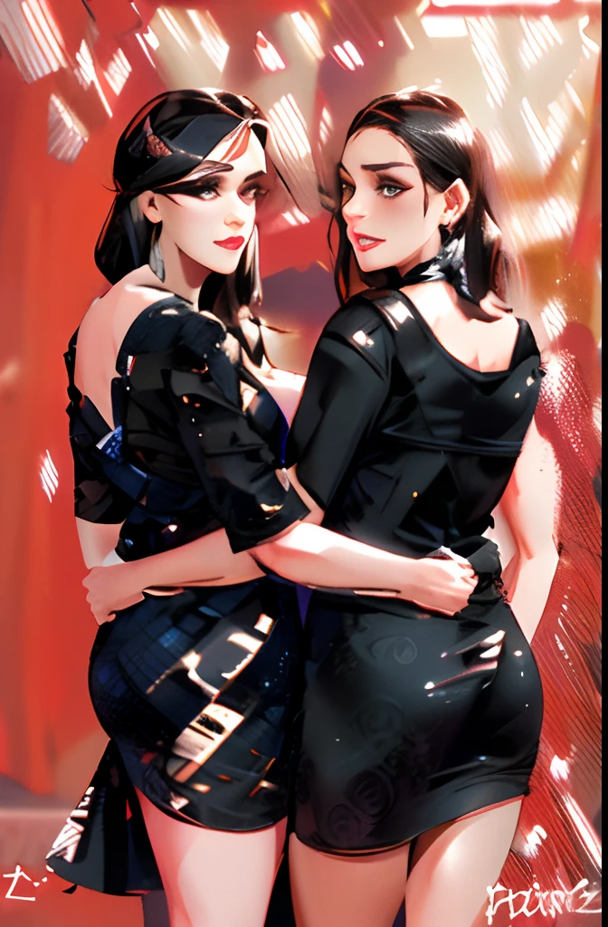 4k , young women modelling (((sexy black dresses))) hugging each other looming back at camera,