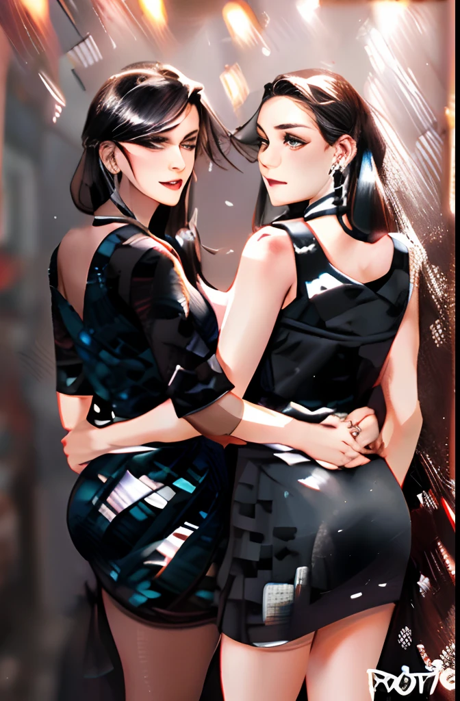 4k , young women modelling (((sexy black dresses))) hugging each other looming back at camera,