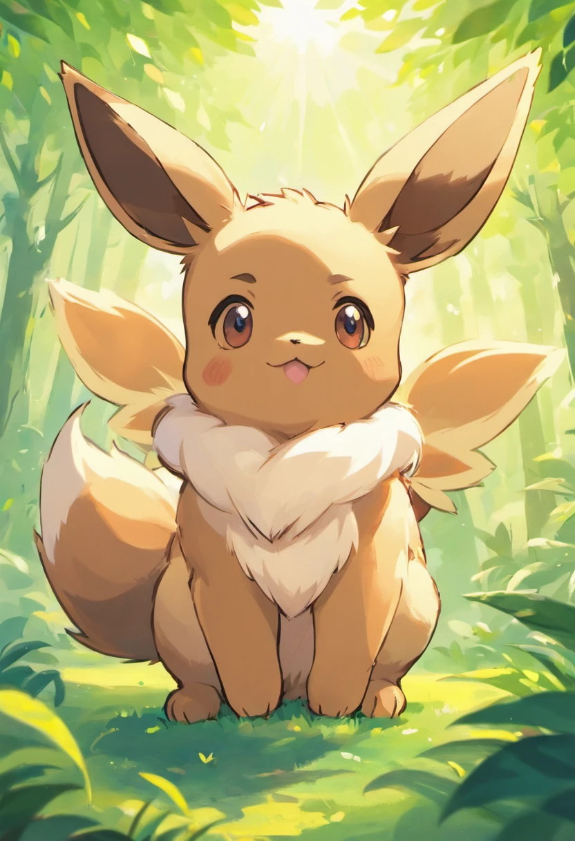 komono, Furry, Boy, Cute, Fluffy, The best quality eyes, Lying, Fluffy tail, clawed paws，Eevee