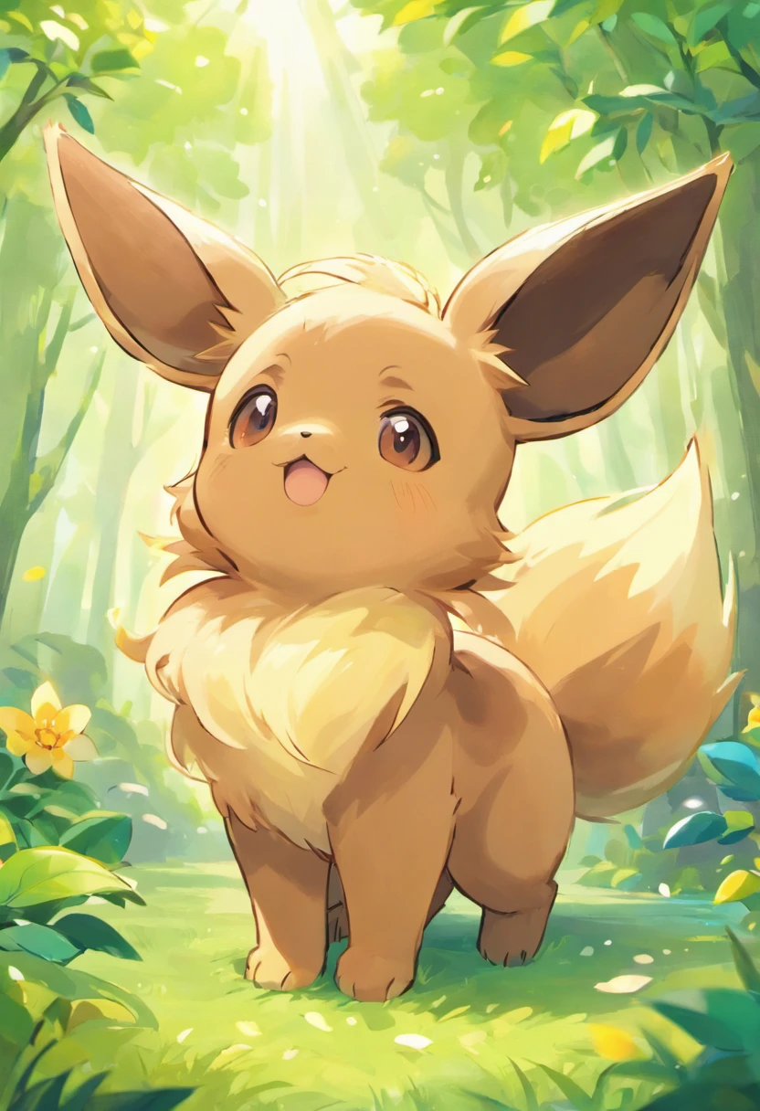 A cute, detailed depiction of Eevee, a Pokemon known for its multiple evolutionary forms called Eeveelutions. The artwork should showcase Eevee's adorable face and expressive eyes, capturing its playful and endearing personality. Please emphasize the intricate details of Eevee's fur, bringing out its softness and fluffiness. The illustration should have a vibrant and vivid color palette, enhancing Eevee's charm.

To enhance the quality of the image, please ensure it has the best quality, high resolution (4k or 8k), and ultra-detailed rendering. The artwork should exhibit sharp focus, realistic and photorealistic qualities, making it a masterpiece. Use lighting techniques, such as studio lighting, to create depth and emphasize Eevee's features.

For the art style, focus on a stylized and whimsical portrayal that captures the essence of Pokemon. The illustration should illustrate a joyful and lively scene, portraying Eevee in a natural environment, like a lush forest or a sunny meadow.

Consider incorporating a dreamy and enchanting color scheme, depicting a vibrant, natural landscape with diverse flora. The colors should be saturated and picturesque, giving the image an ethereal and captivating vibe.

Addition detail: Depict Eevee interacting with other Pokemon, showcasing the strong bond between them. Capture heartwarming moments of friendship and adventure. Show Eevee prancing, explore, or playing with other Pokemon, adding dynamism and movement to the artwork.

Remember, the focus should always be on Eevee, the adorable and beloved Pokemon in the center of attention. Avoid overcrowding the illustration with too many elements, maintaining a balanced composition.

In summary, create a high-quality, detailed, and visually appealing illustration that captures the cuteness and charm of Eevee, showcasing its unique personality and the bond it shares with other Pokemon.