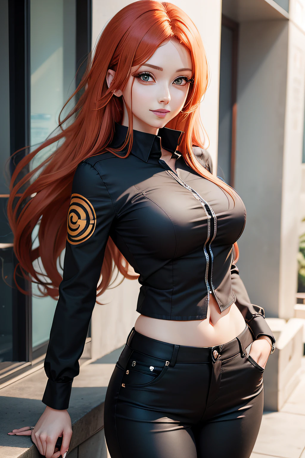 Kushina Uzumaki, olhos azuis ameixa, black collared pants, blusa branca, sorriso debochado, qualidade de anime