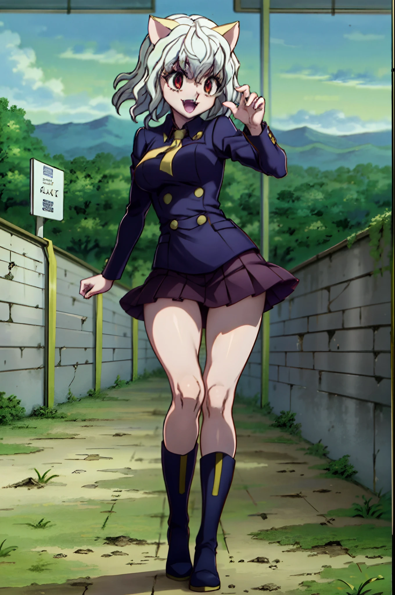 masterpiece, best quality, high detailed, high resolution, neferpitou, solo, cat ears, teasing, wide hips, skirt, lifting skirt, big smile, closed eyes, fangs, open mouth, perky breasts, breasts flash, thik legs, looking ath the viewer, standing, smile, full body, boots