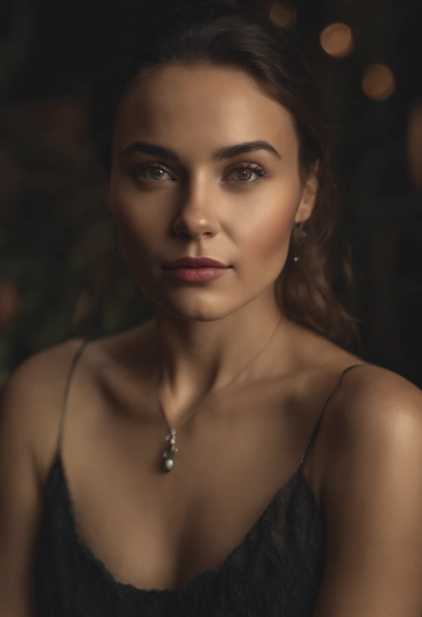 (best quality,4k,8k,highres,masterpiece:1.2),ultra-detailed,(realistic,photorealistic,photo-realistic:1.37), portraiture, young woman, 30 years old, chest shot, black eyes, black hair, warm background, affected smile. [oil painting], detailed facial features, vibrant colors, soft lighting.