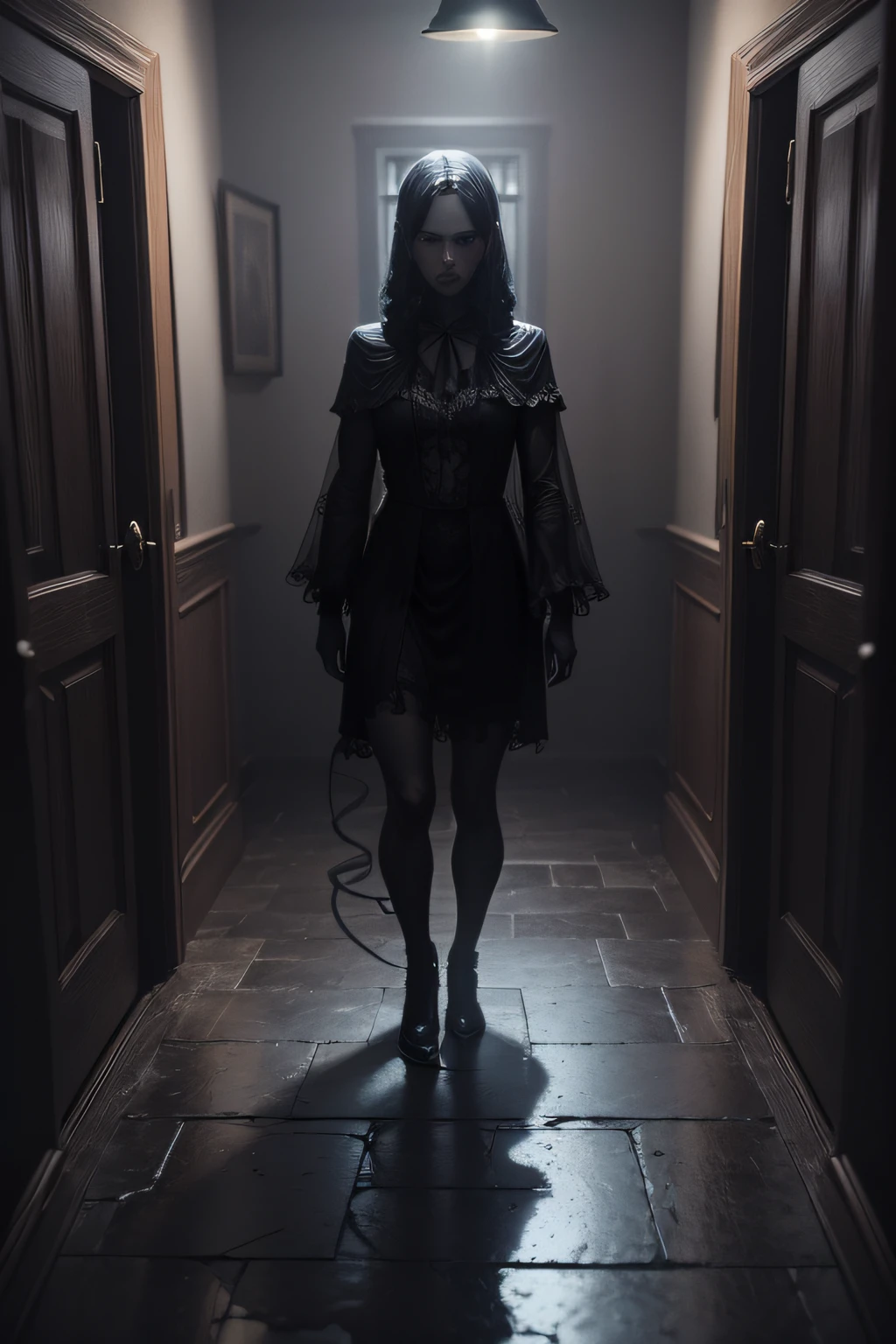 ((masterpiece, best quality)),(complex lighting),solo,1girl,full body, eveline, black dress, black hair, <lora:EvelineRE1:0.6>, boots, sleeves rolled up, monster, hair over one eye,long hair,