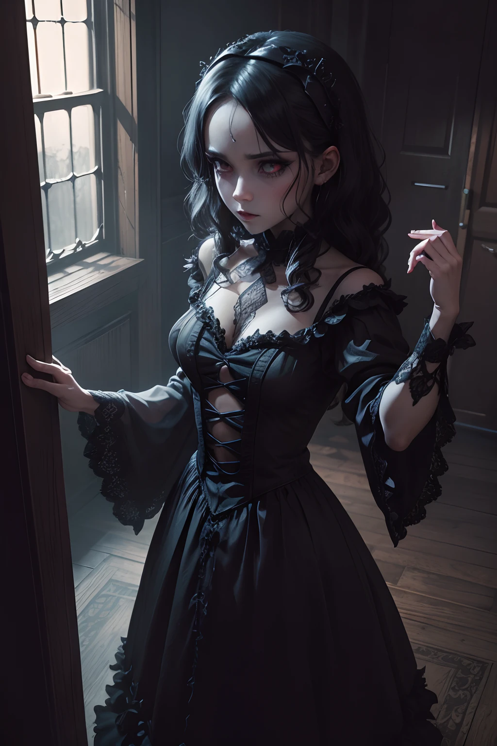 creates a transparent and very gloomy demon, in a dark house with a lot of humidity and cobwebs on the walls, all in 4k definition