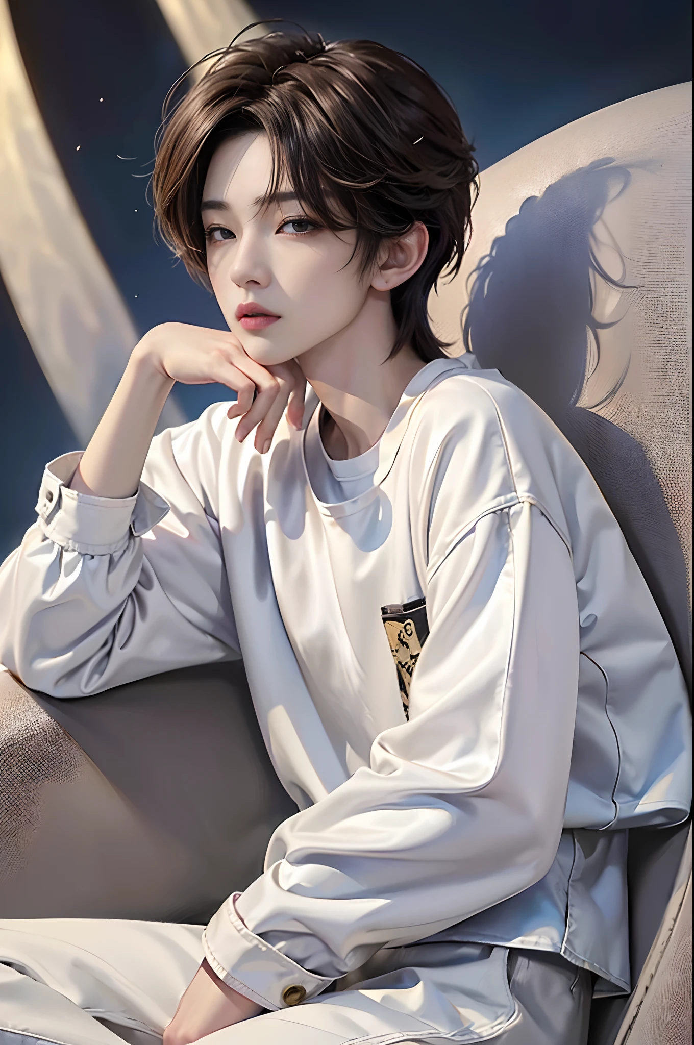masterpiece、(top-quality)、((high-level image quality))、One Manly Boy、Slim body、((White Y-shirt and long black pants))、(Detailed beautiful eyes)、September Night Road、sitting on a curb、Face similar to Chaewon in Ruseraphim、((short hair above the ears))、((Smaller face))、((Neutral face))、((Light brown eyes))、((Korean boy))、((18year old))、((Handsome man))、((Wild look))、((Korean Makeup))、((elongated and sharp eyes))、((Sit next to the viewer))、((shot from a side angle))、((The upper part of the body))、((Close-range shooting))