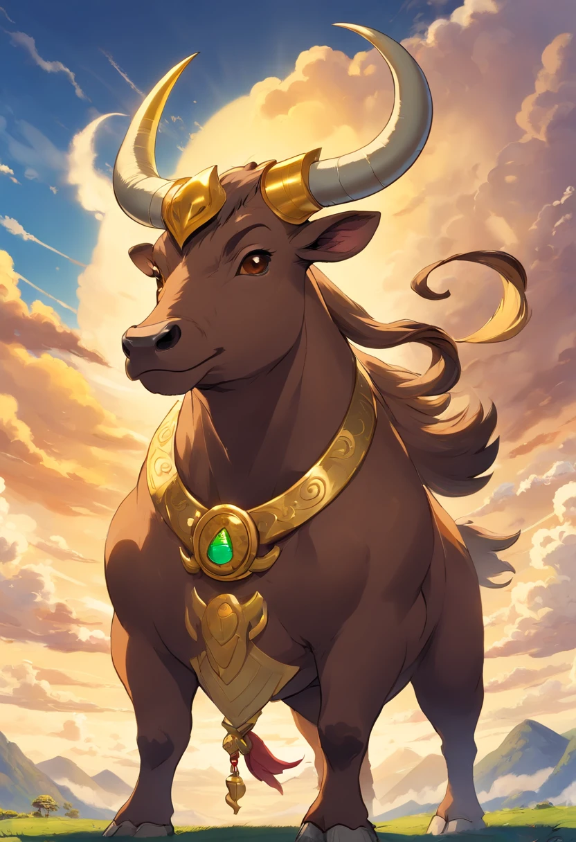 Artista de hip hop pesado com pele de chocolate e um longo estilo Mohawk, wearing a golden samurai mask designed as a bull's snout and fangs also wearing a golden Loki crown, (((sobrecarga de detalhes))) Anthropomorphic humanoid bull, minotauro, taurus, touro, bull, Minotauro, with an imposing bull's head adorned with deep spiral horns, olhos expressivos, pele do touro castanho-escura e coberta com um fino pelagem curta, anthro (touro), bovino, adulto, The backdrop is an epic backdrop with dramatic clouds and rays of sunshine strewn across the sky, with solid round eyes, Very high detail, 8k, Super Detalhe, precision, a melhor qualidade, e sombras projetadas.