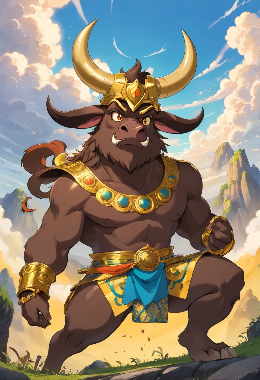 Artista de hip hop pesado com pele de chocolate e um longo estilo Mohawk, wearing a golden samurai mask designed as a bull snout and fangs also wearing a golden Loki crown, (((sobrecarga de detalhes))) Anthropomorphic humanoid bull, Minotauro, Taurus, Touro, touro, Minotauro, with an imposing bull's head adorned with deep spiral horns, olhos expressivos, pele do Touro castanho-escura e coberta com um fino pelagem curta, antro (Touro), Bovina, adulto, The backdrop is an epic backdrop with dramatic clouds and rays of sunshine strewn across the sky, with solid round eyes, Very high detail, 8k, super detalhe, precision, a melhor qualidade, e sombras projetadas.