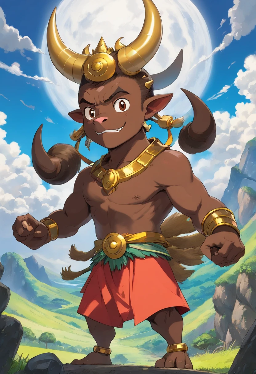 Artista de hip hop pesado com pele de chocolate e um longo estilo Mohawk, wearing a golden samurai mask designed as a bull's snout and fangs also wearing a golden Loki crown, (((sobrecarga de detalhes))) Anthropomorphic humanoid bull, minotauro, taurus, touro, bull, Minotauro, with an imposing bull's head adorned with deep spiral horns, olhos expressivos, pele do touro castanho-escura e coberta com um fino pelagem curta, anthro (touro), bovino, adulto, The backdrop is an epic backdrop with dramatic clouds and rays of sunshine strewn across the sky, with solid round eyes, Very high detail, 8k, Super Detalhe, precision, a melhor qualidade, e sombras projetadas.