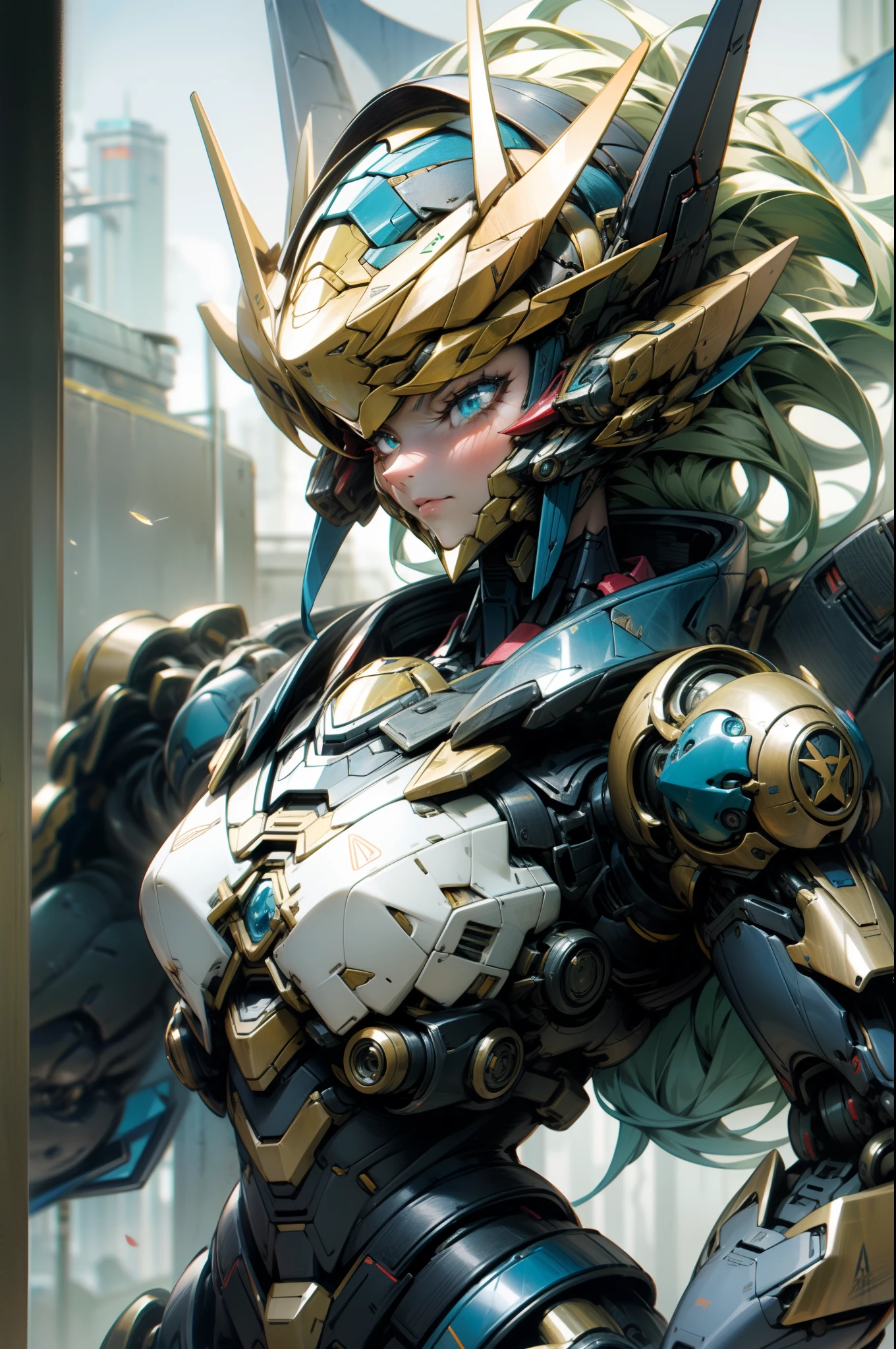 Un primer plano de una mujer con un traje azul y blanco sosteniendo un gran robot, anime mecha aesthetic, girl in mecha cyber armor, Aerodynamic blue armor, Chica armadura, mecha aesthetic, anime robotic mixed with organic, Armadura azul resbaladiza, Cyberpunk anime chica mech, ilustraciones detalladas del anime, Chica Valquiria mecanizada, mecha hembra, cana, Cabello largo, Gun laser