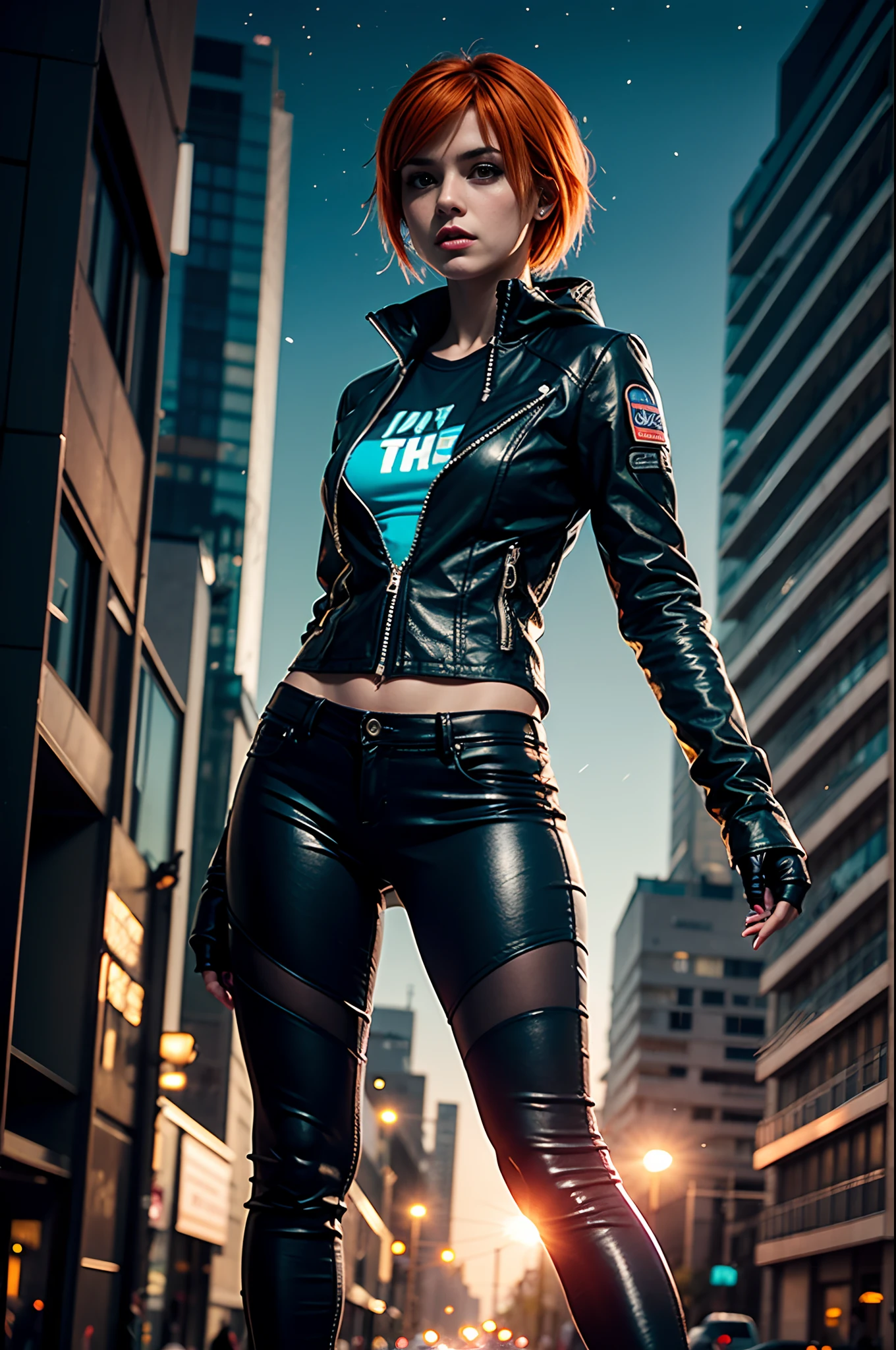 A girl with orange hair, with blue cyberpunk outfit, in a colorful meadow, at night