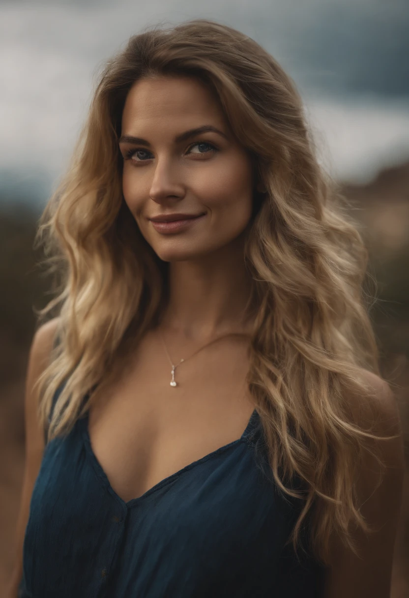 1girl in, age19, Solo, Long hair, Colossal tits, Looking at Viewer, blondehair, Bare shoulders, Brown eyes, jewely, Full body, a necklace, off shoulders, Sweaters, Realistic, A sexy