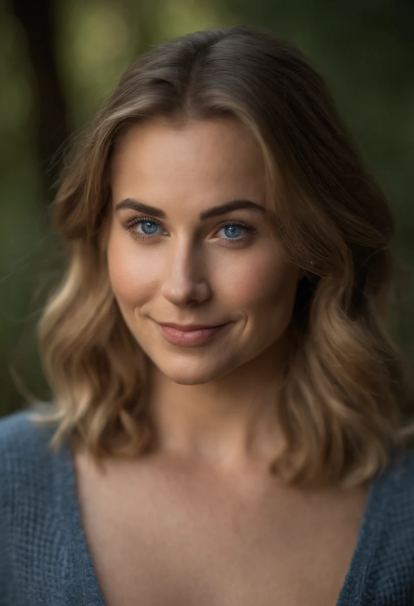 (detailed:1.1,best quality,realistic),25-year-old woman,chest length hair,beautiful blue eyes,warm background,blonde hair,smiling