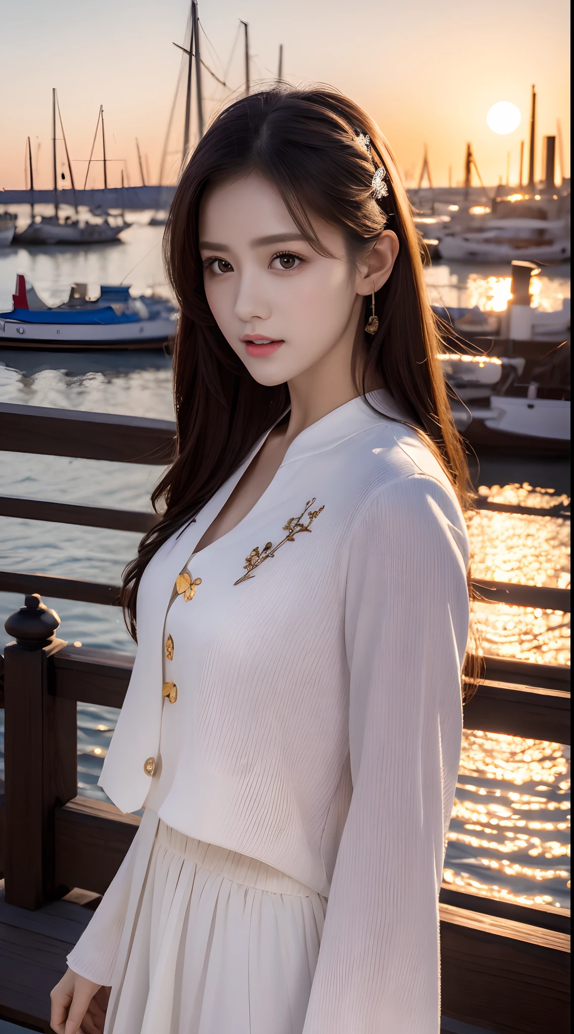Medium shot, Medium shot, Depth of field, Bust, Upper body, Angle, Masterpiece, Best quality, Super detailed, CG, 8K wallpaper, Pretty face, Delicate eyes, A maiden, Solo, White long hair, Yellow eyes, Hairpin, White shirt, Black hooded jacket, Black baseball cap, Black stockings, Black over-the-knee boots, Sunset, Medieval port, harbour, Detailed water surface, Sun reflection